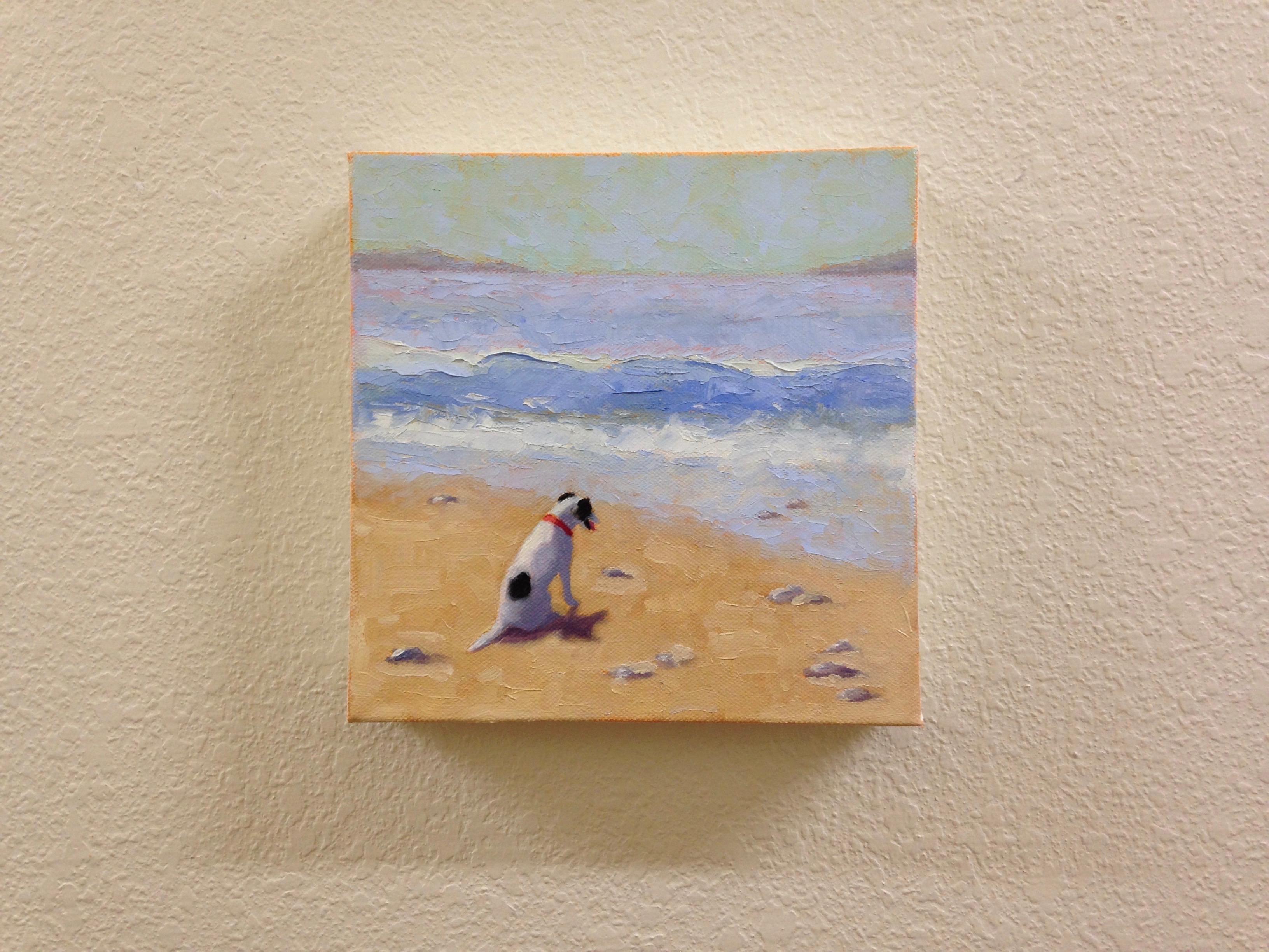 <p>Artist Comments<br />A black and white dog calmly sits on the beach gazing at the surf. Artist Pat Doherty draws attention to the warm colors in the scene by simplifying the details. 