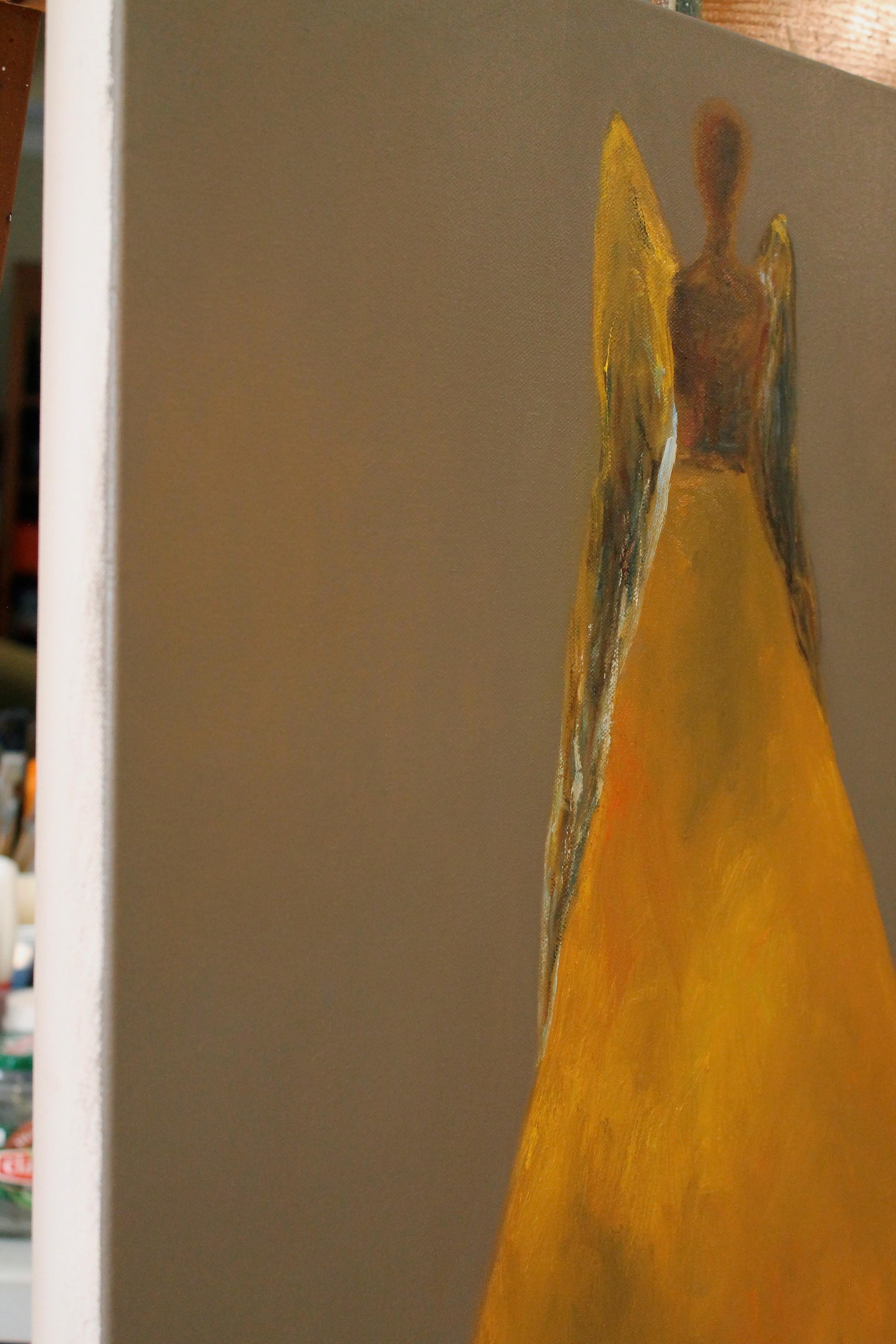 <p>Commentaires de l'artiste<br />L'artiste Naoko Paluszak peint un personnage vêtu d'une longue robe dorée flottant calmement dans une atmosphère aux tons chauds. Ses ailes immaculées brillent en reflétant les derniers rayons du soleil après le