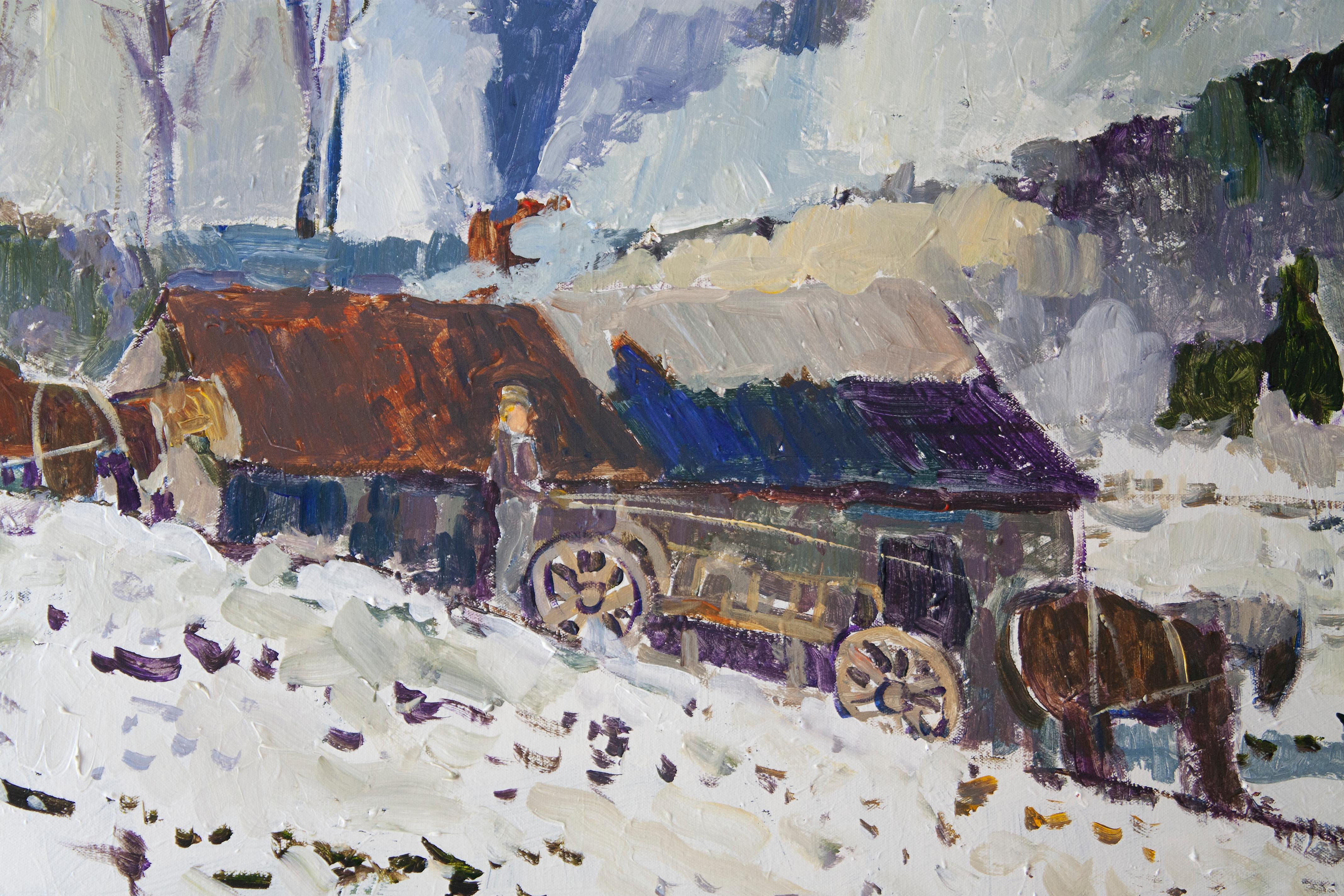 <p>Artist Comments<br />A cabin situated on a snow-covered mountainside emits smoke into a purple-tinted sky. With bold painterly strokes, artist Robert Hofherr creates movement amidst the calm. 