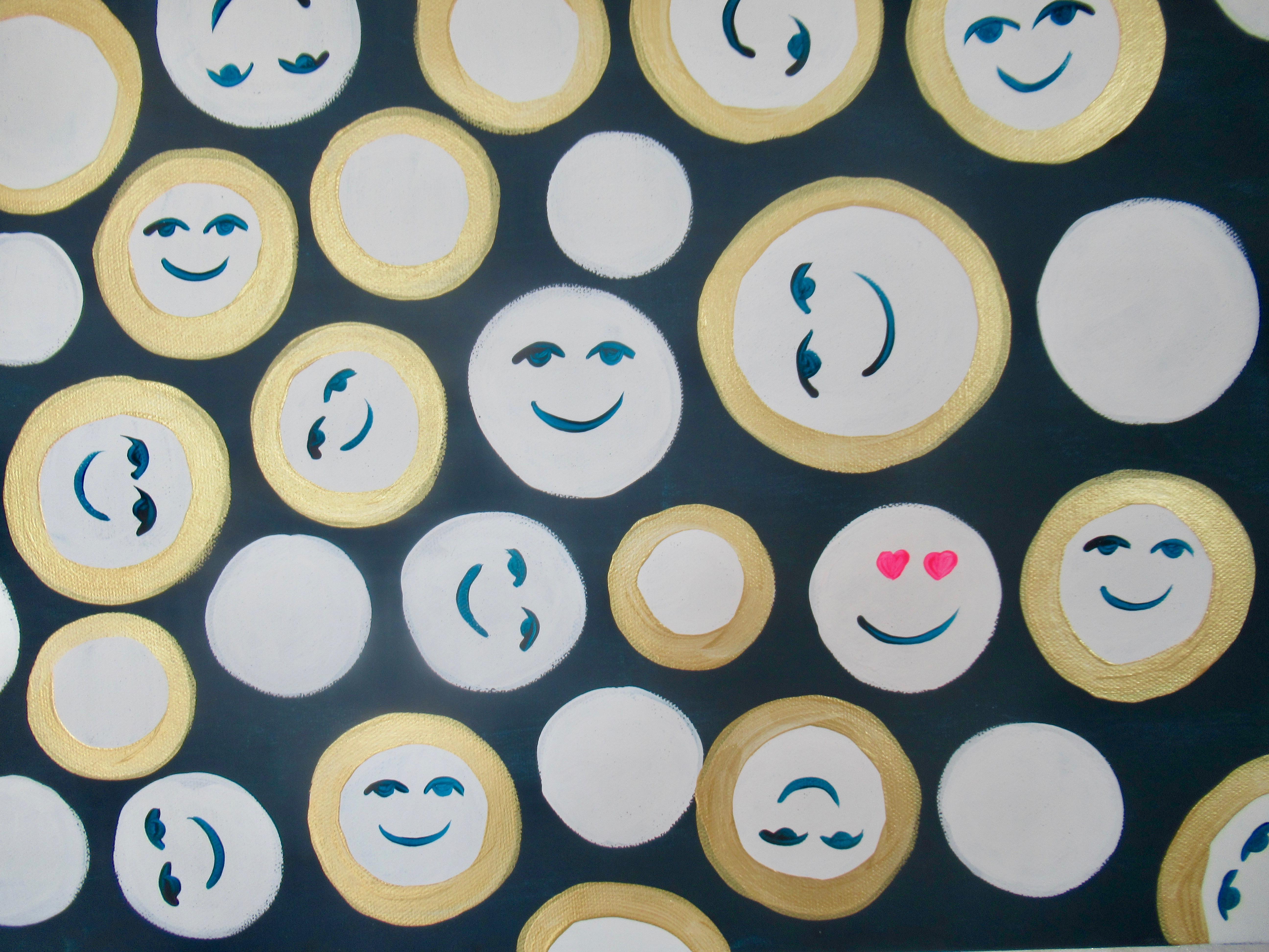 <p>Artist Comments<br />Cheery smiles in white and gold saturate the space against a black background. One face has hearts as eyes, love among all the happy gestures. Part of a series of smiling faces by artist Natasha Tayles.</p><br /><p>About the