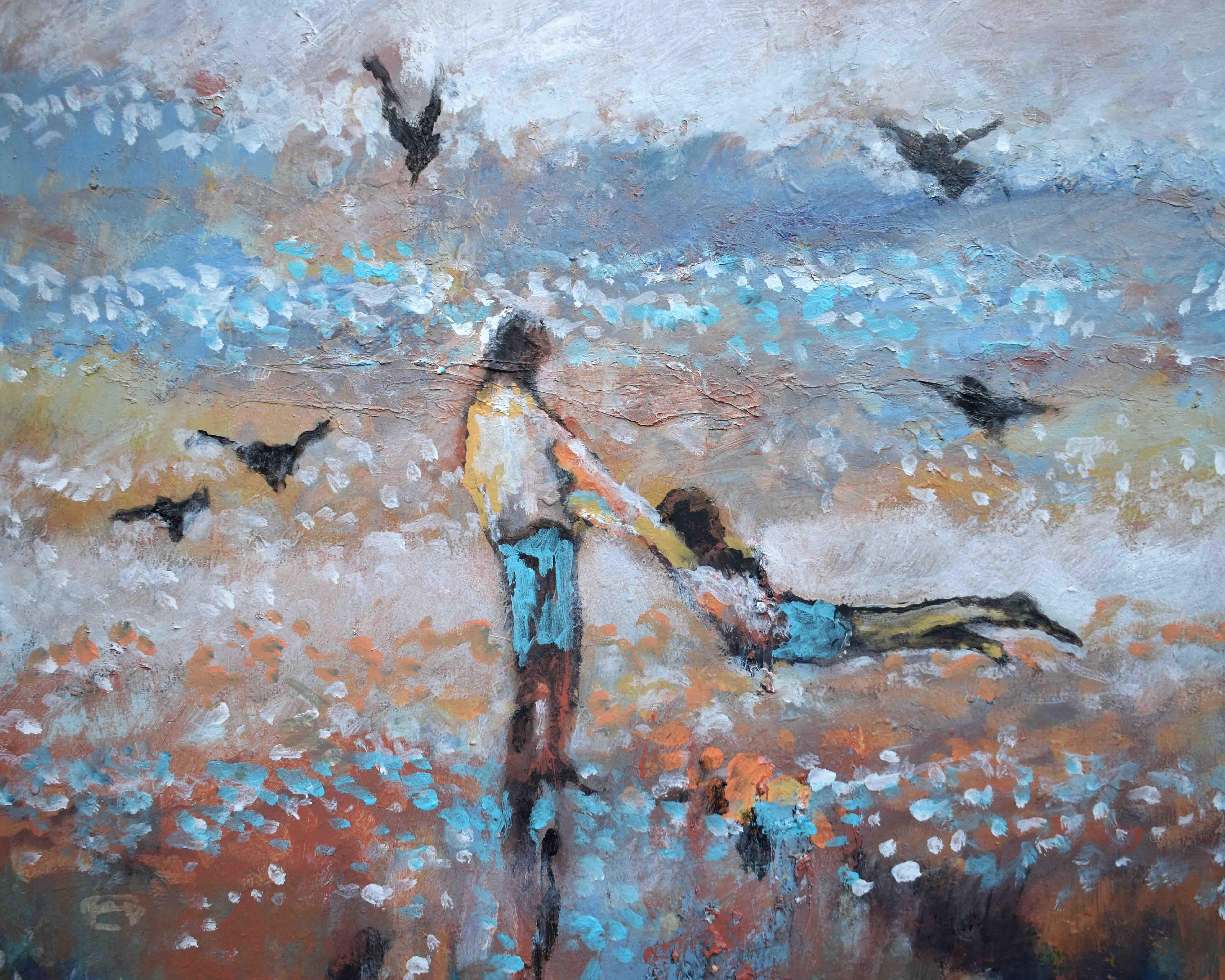 Volando con las gaviotas, Pintura original - Figurative Painting Gris de Kip Decker