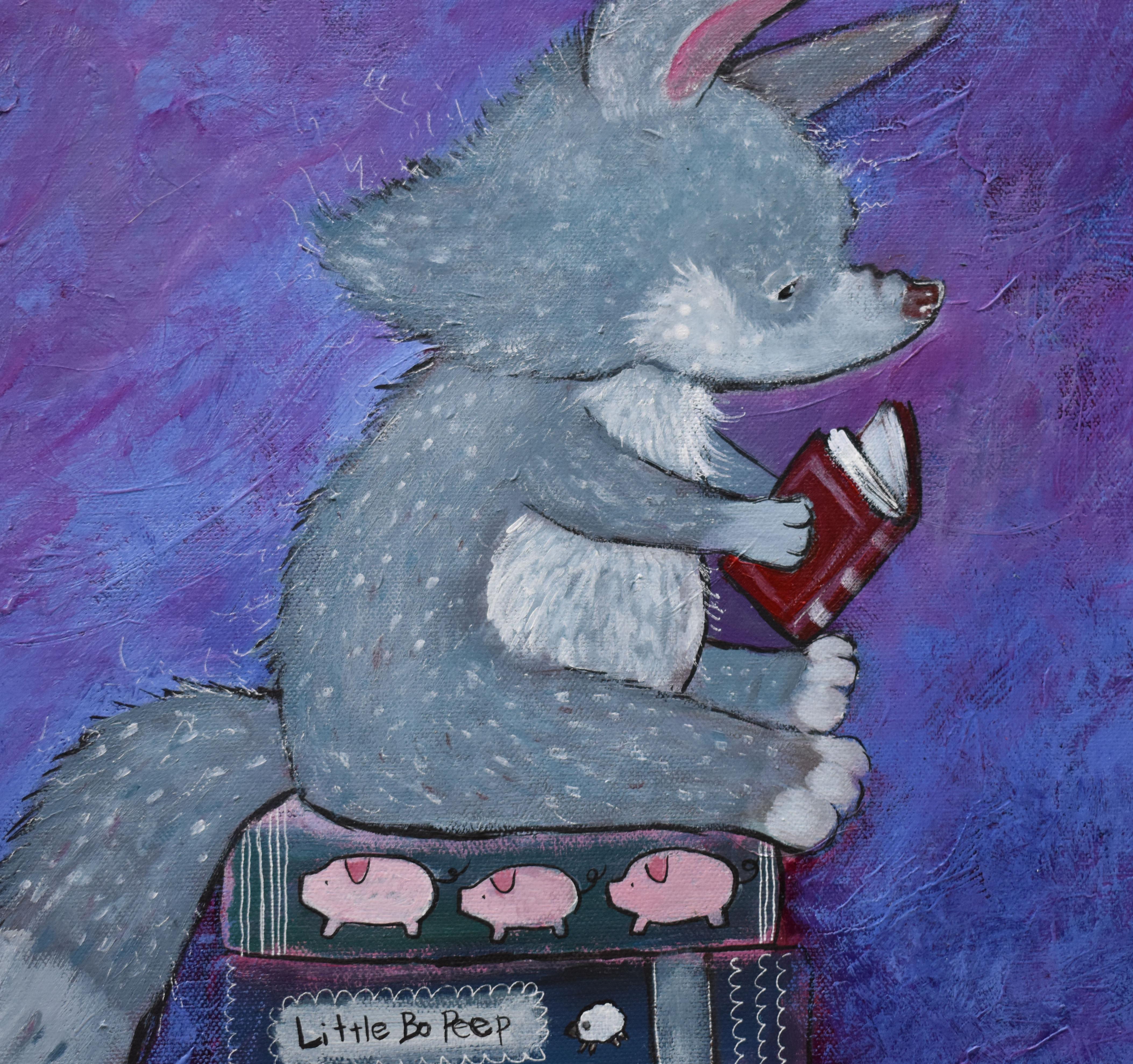 The Wolf's Reading List, Original Painting - Purple Animal Painting by Andrea Doss