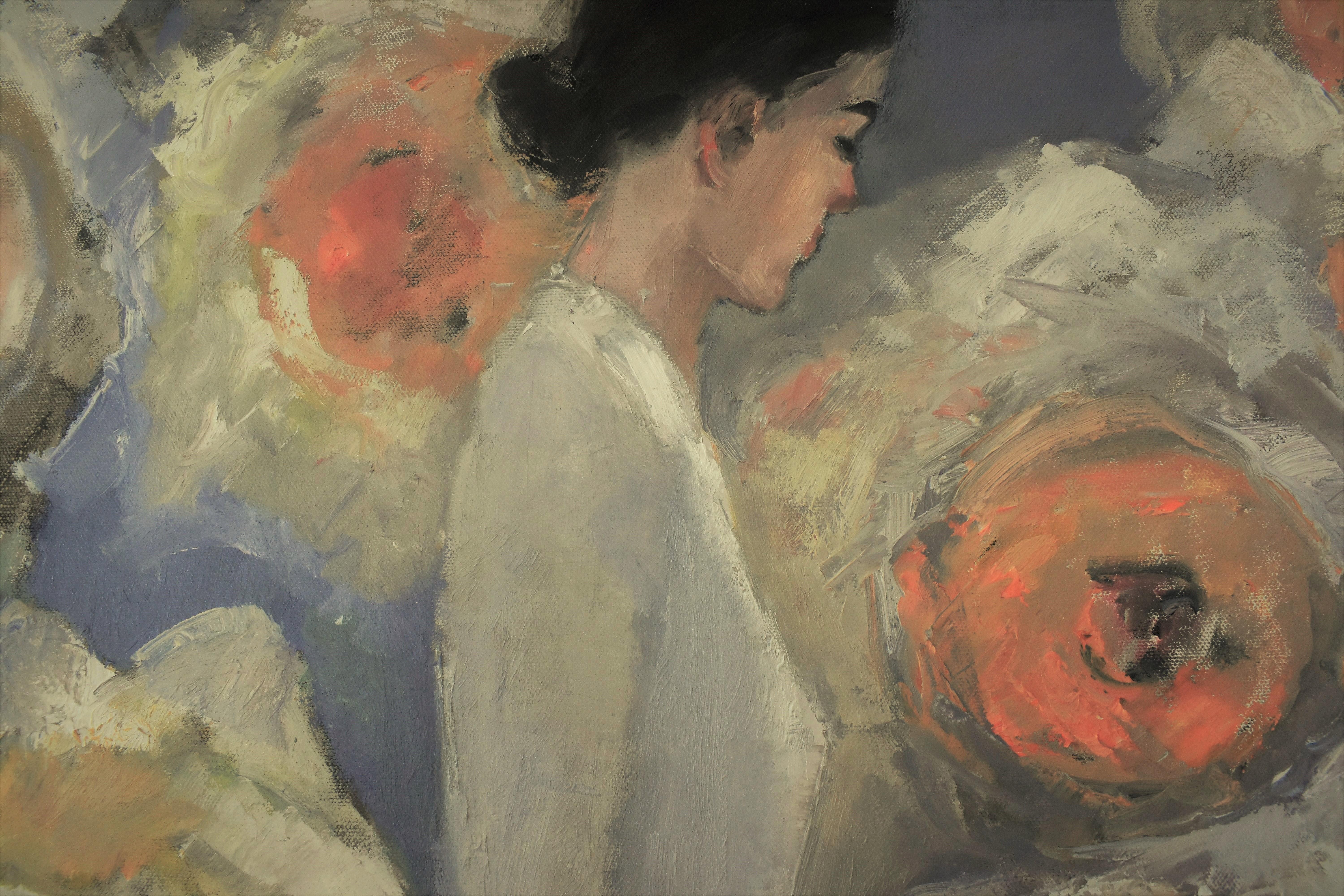 <p>Artist Comments<br />Elegantly dressed in a white floor-length gown, a woman serenely stands amidst large joyful blooms. Artist Mary Pratt chooses a soft palette in shades of orange and lilac. 