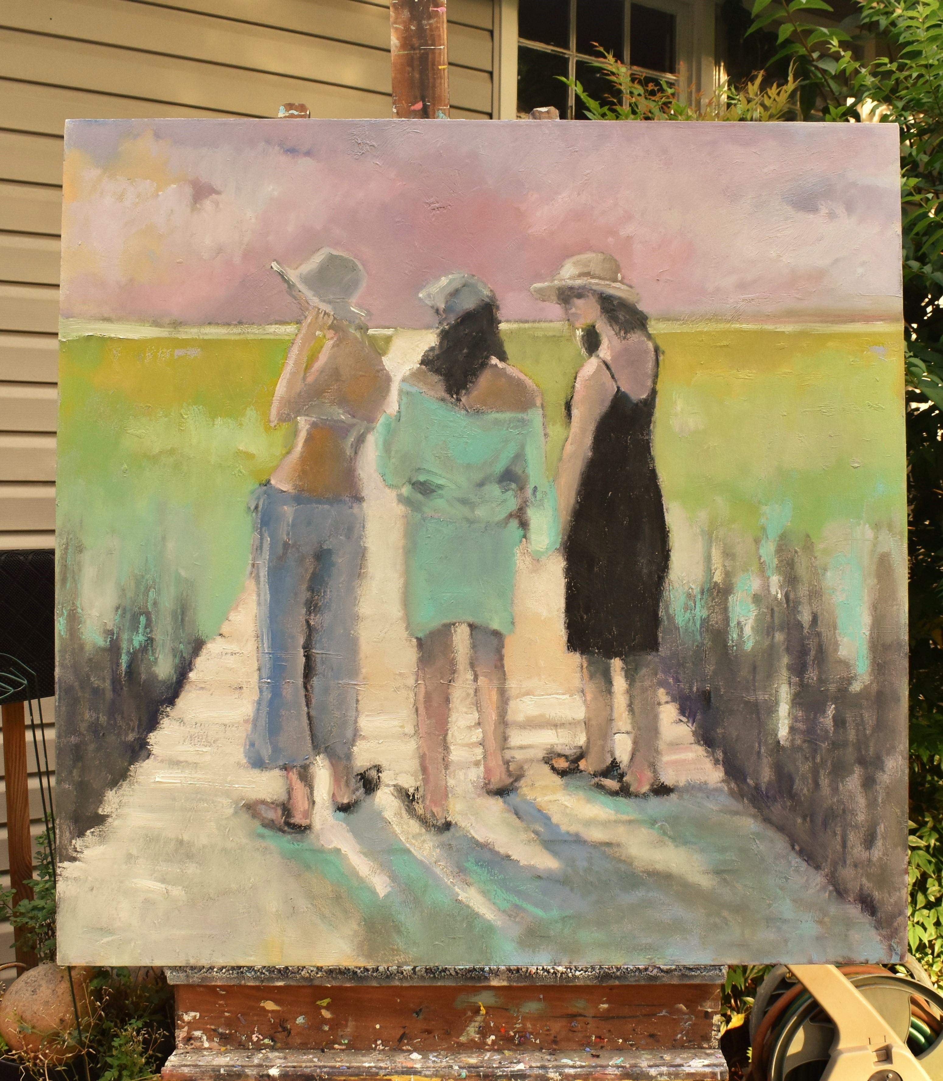 <p>Artist Comments<br />Three figures stand together chatting as the sun sets pink and golden hues. Artist Mary Pratt takes inspiration from photographs she's taken of friends, family, and strangers. 