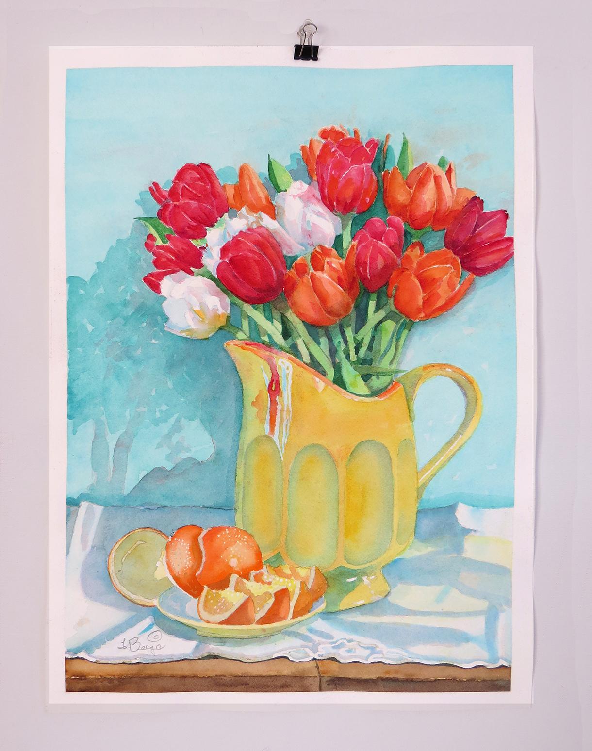 Red Tulips on Turquoise, Original Painting - Abstract Impressionist Art by Nancy LaBerge Muren
