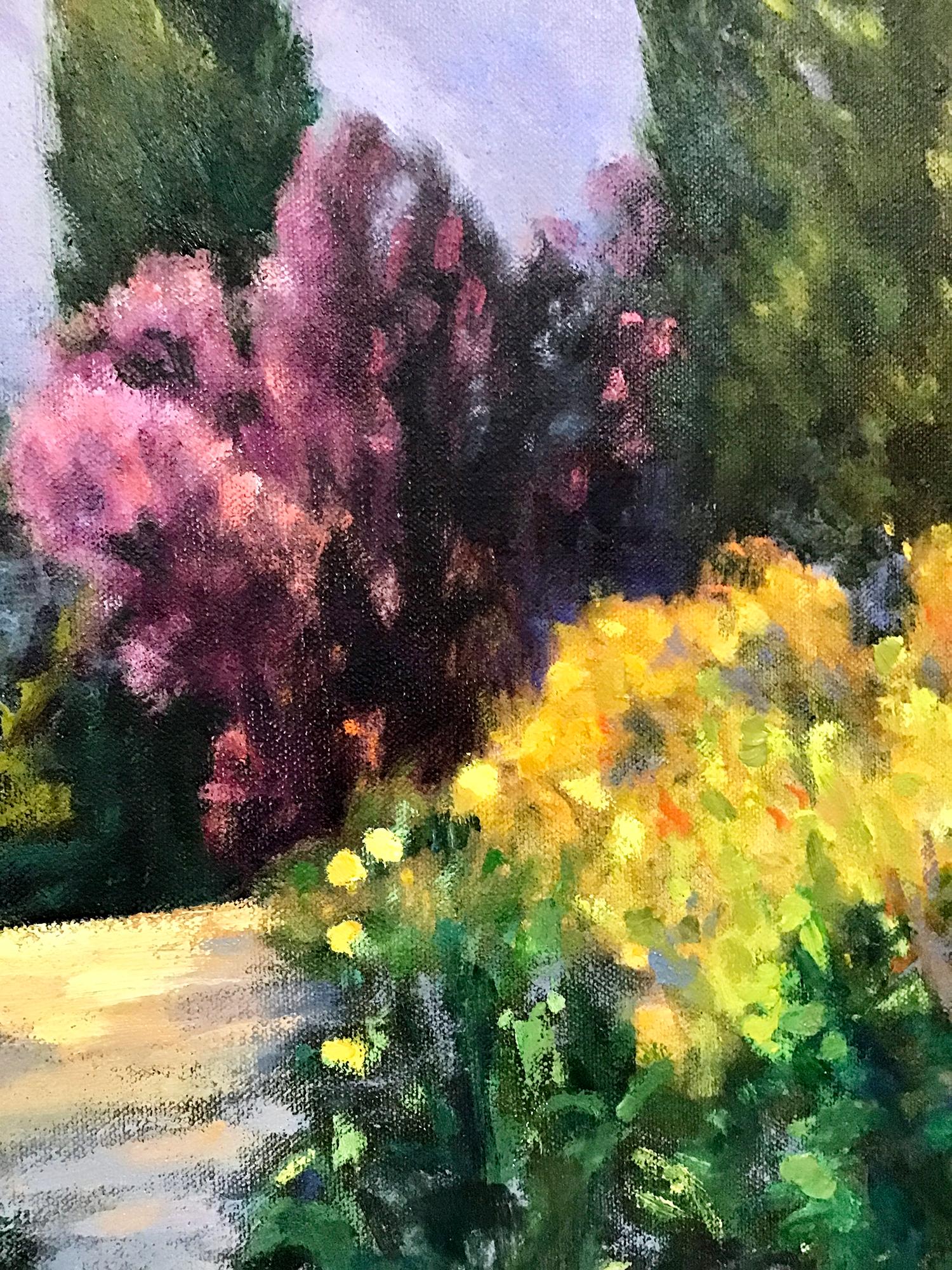 Garden Vista, Cypresses and Plum, Oil Painting - Gray Landscape Painting by Elizabeth Garat