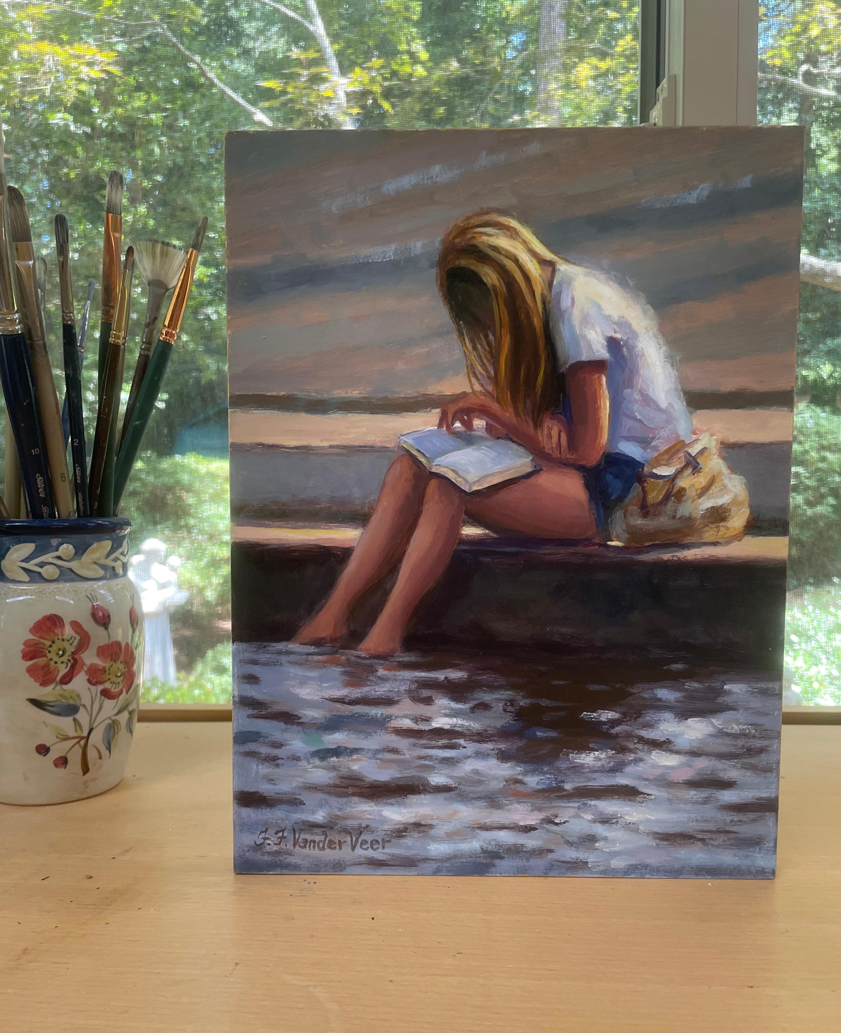 Giovane ragazza che legge, pittura a olio - Painting Impressionismo astratto di Faye Vander Veer