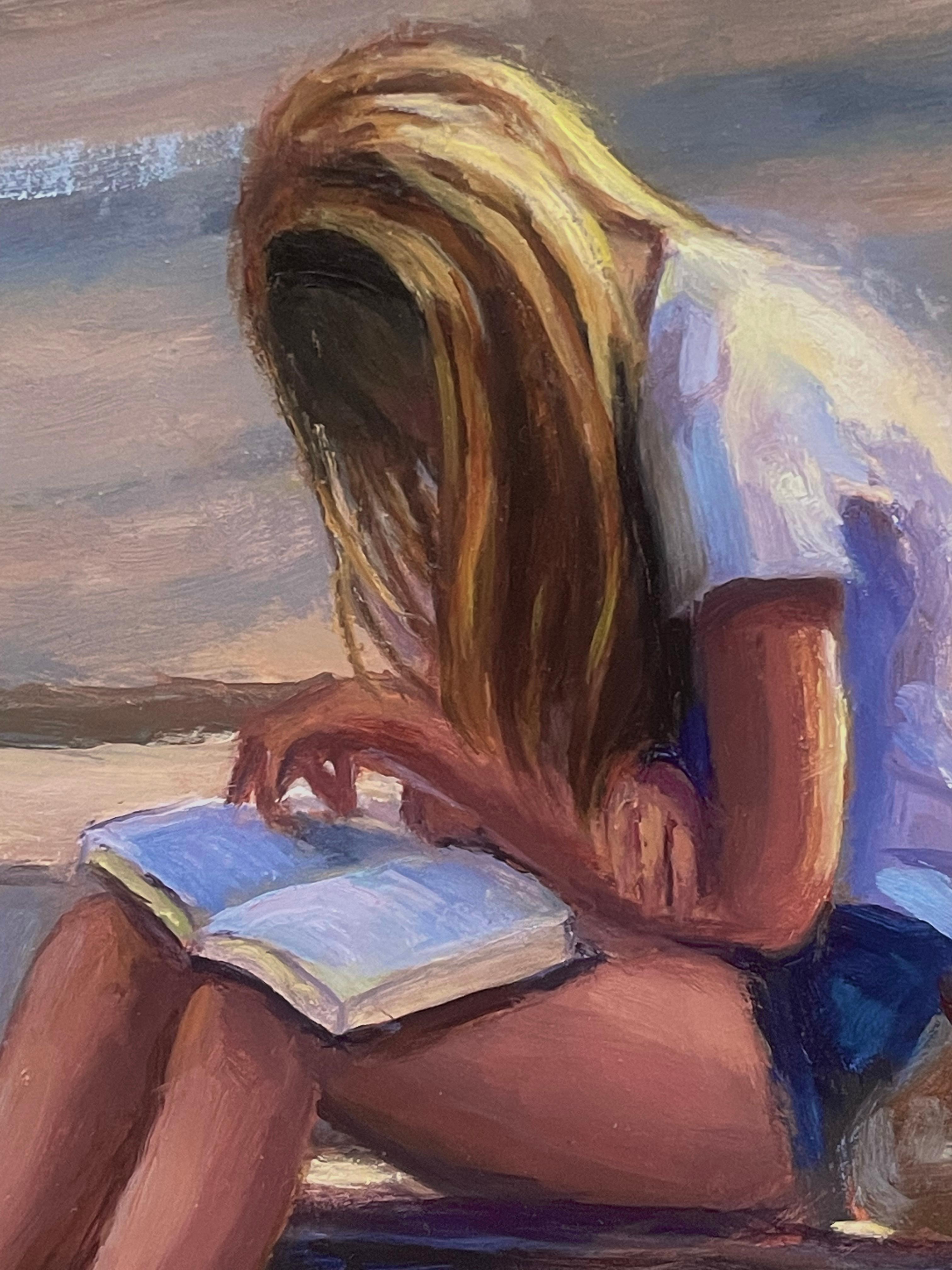 Giovane ragazza che legge, pittura a olio - Figurative Painting Grigio di Faye Vander Veer
