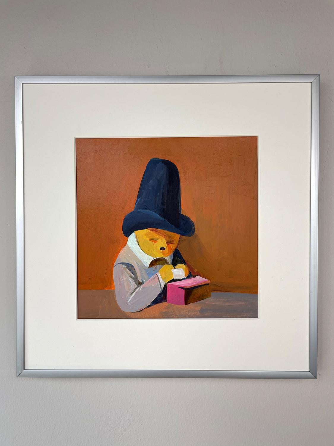 <p>Artist Comments<br>A curious bear wearing a tall hat reads a piece of parchment from a pink box. 