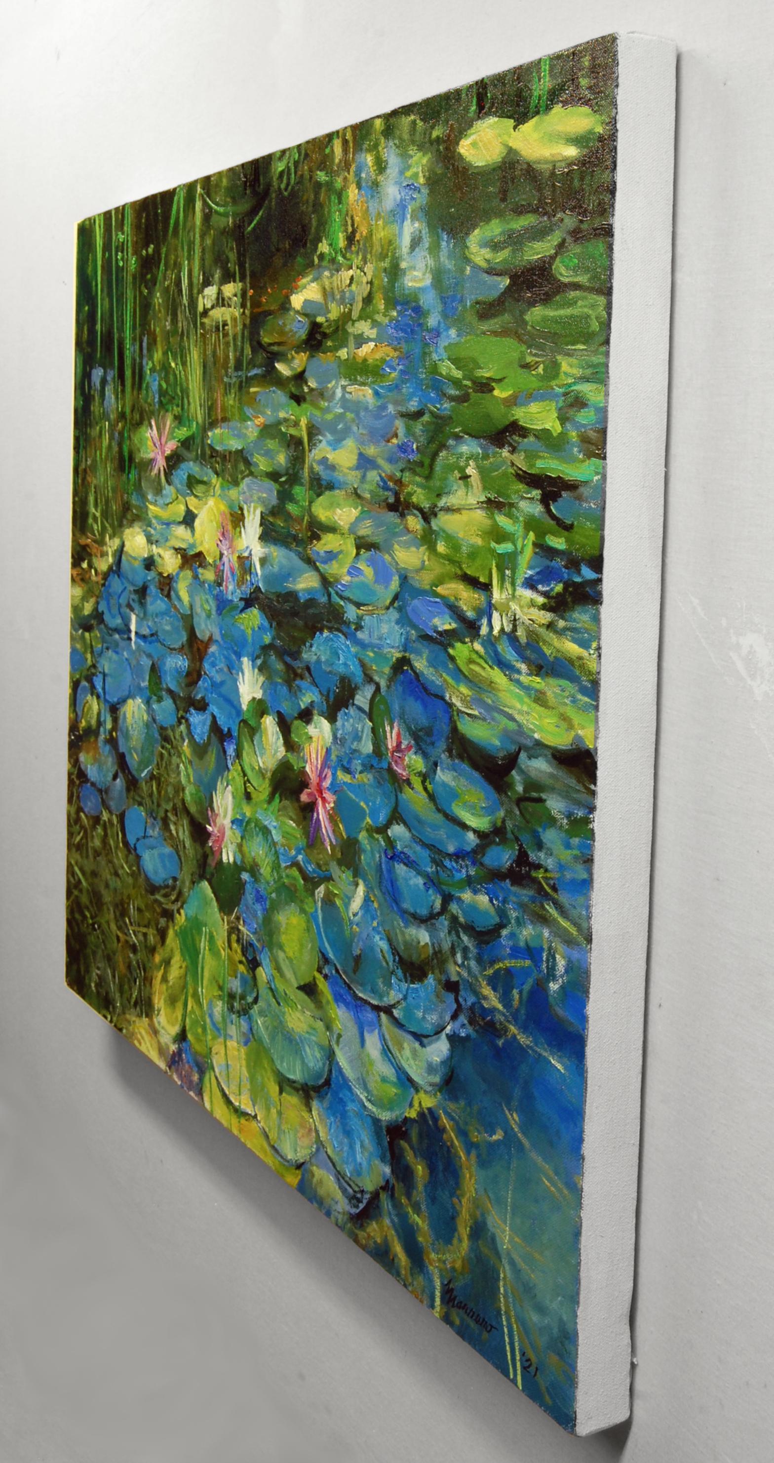 Peinture à l'huile - Lilies d'eau mélangées tachées à la lumière du soleil - Impressionnisme abstrait Art par Onelio Marrero