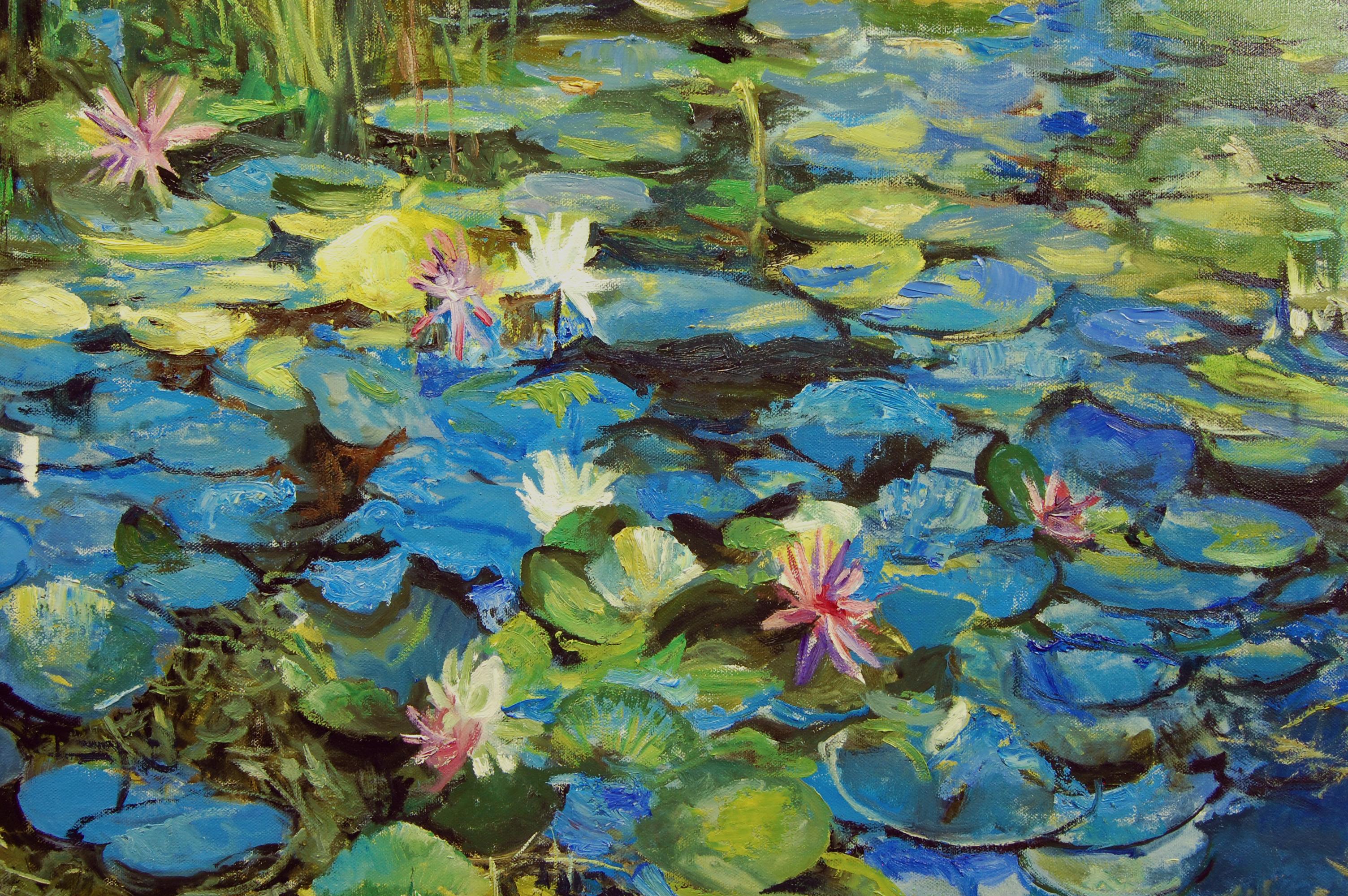 Peinture à l'huile - Lilies d'eau mélangées tachées à la lumière du soleil en vente 1