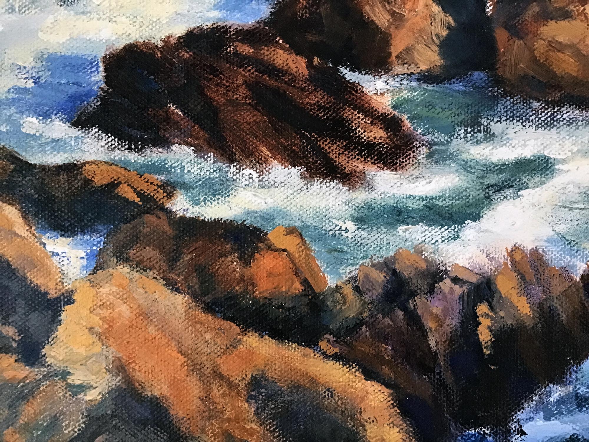 Ölgemälde „Ka Cayucos Coastline Nr. 1“, Öl (Grau), Landscape Painting, von Elizabeth Garat