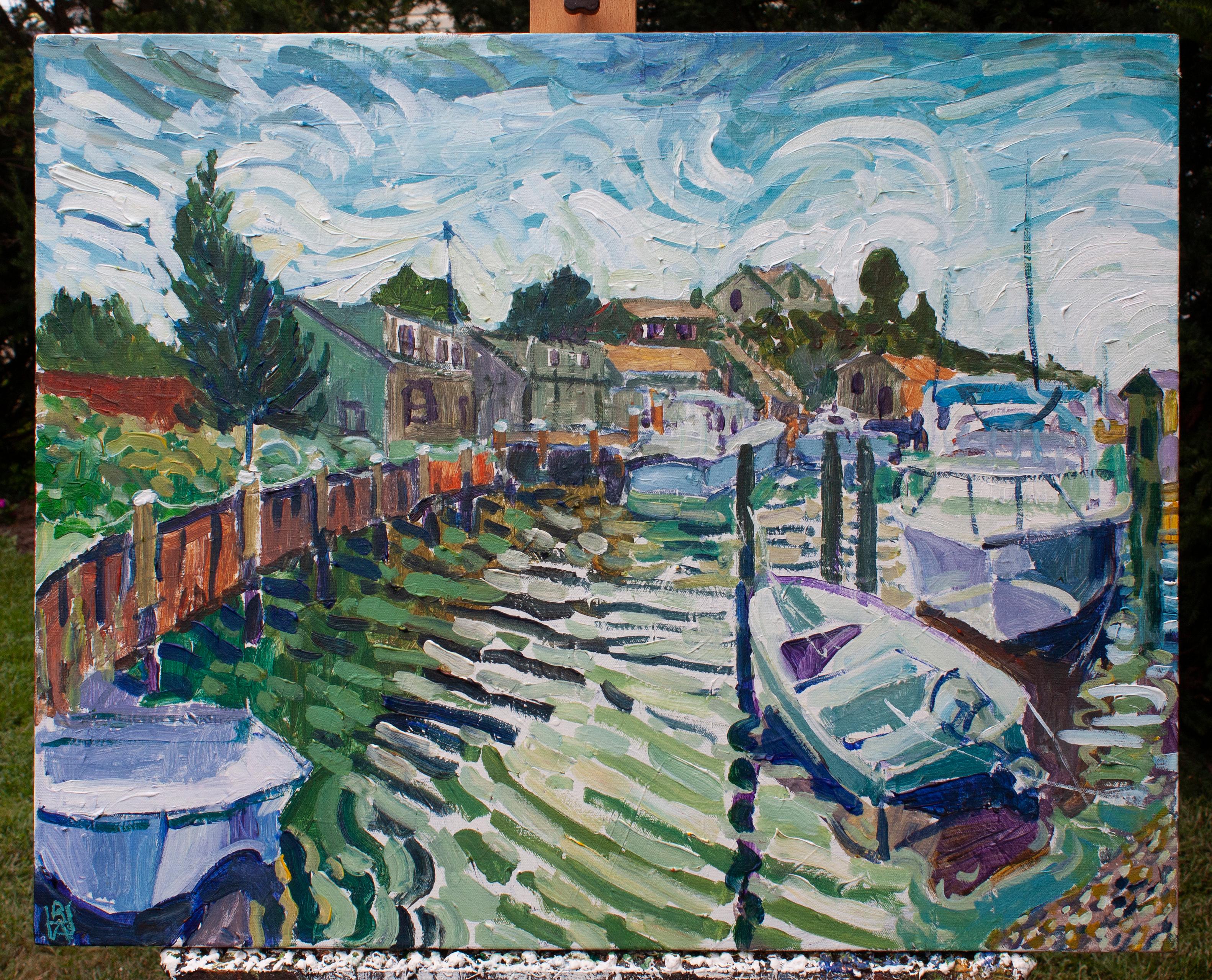 <p>Artist Comments<br>A sunny day view of a small inlet docked with boats on a Massachusetts island. 