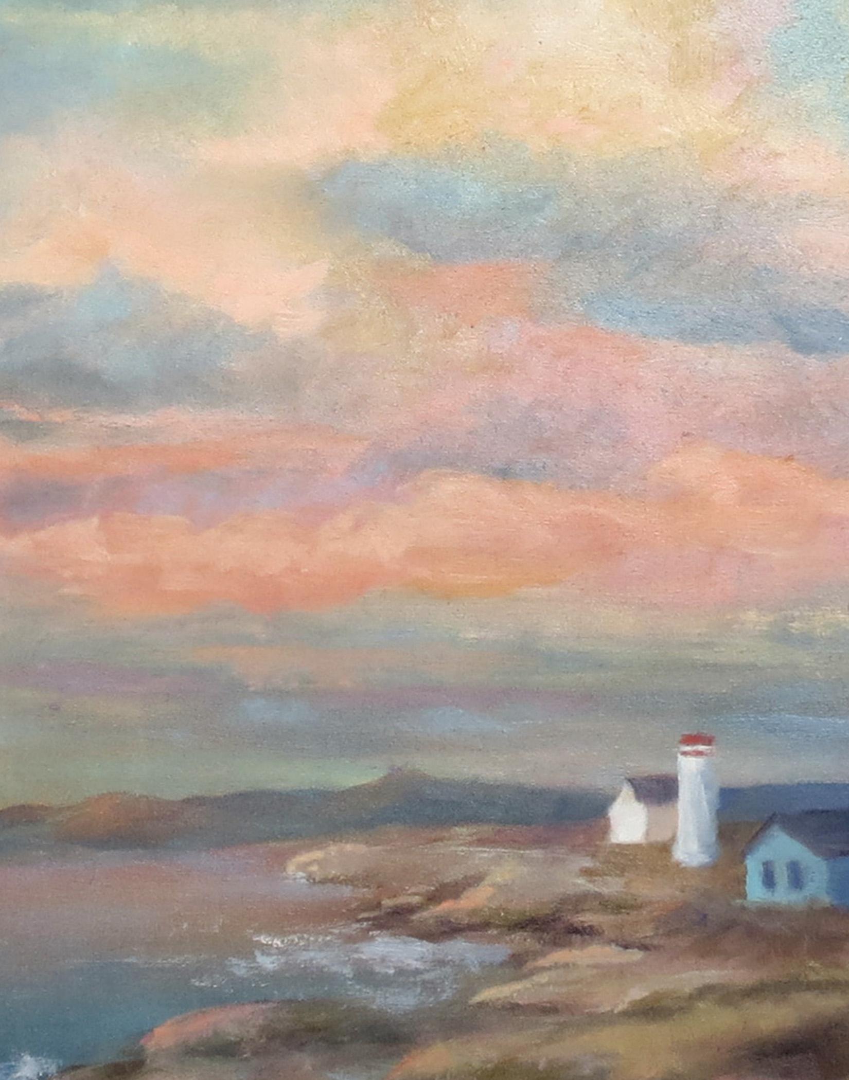 Colorful Sky over Rocky Coast, Oil Painting - Abstract Impressionist Art by Joanie Ford
