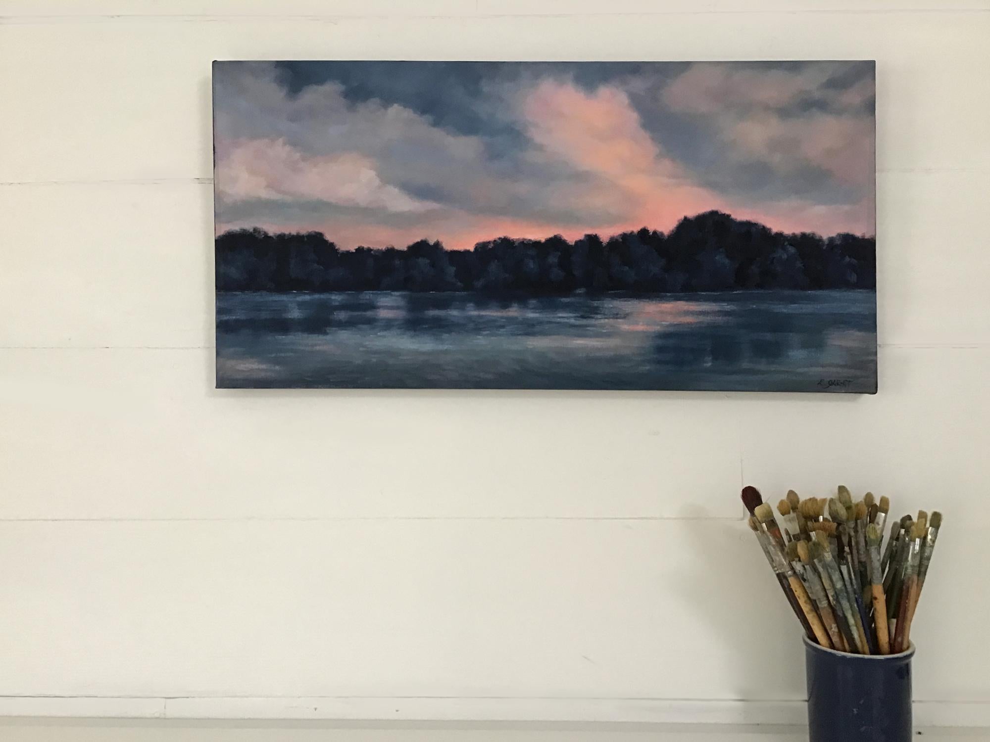 Lake at Twilight, Coral and Indigo, Oil Painting - Gray Landscape Painting by Elizabeth Garat