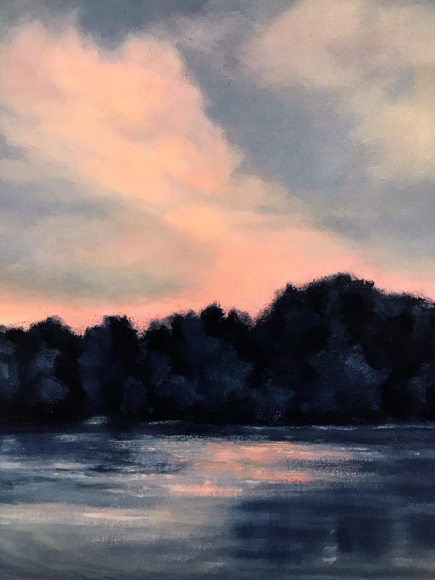 <p>Artist Comments<br>A panoramic view of the sunset falling on a quiet lake. Artist Elizabeth Garat captures the calm moment with soft billowing clouds and shadowed trees reflected on the water. Touches of coral and pink illuminate the sky above an
