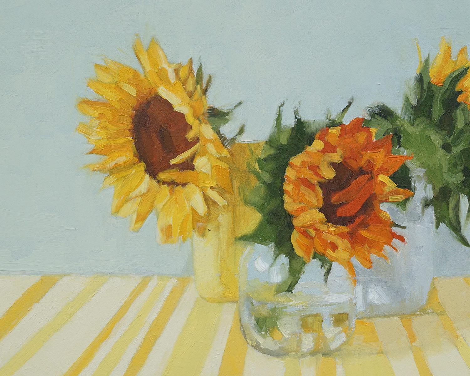 Peinture à l'huile - Tournesols à la lumière du soleil - Gris Still-Life Painting par Nicole Lamothe