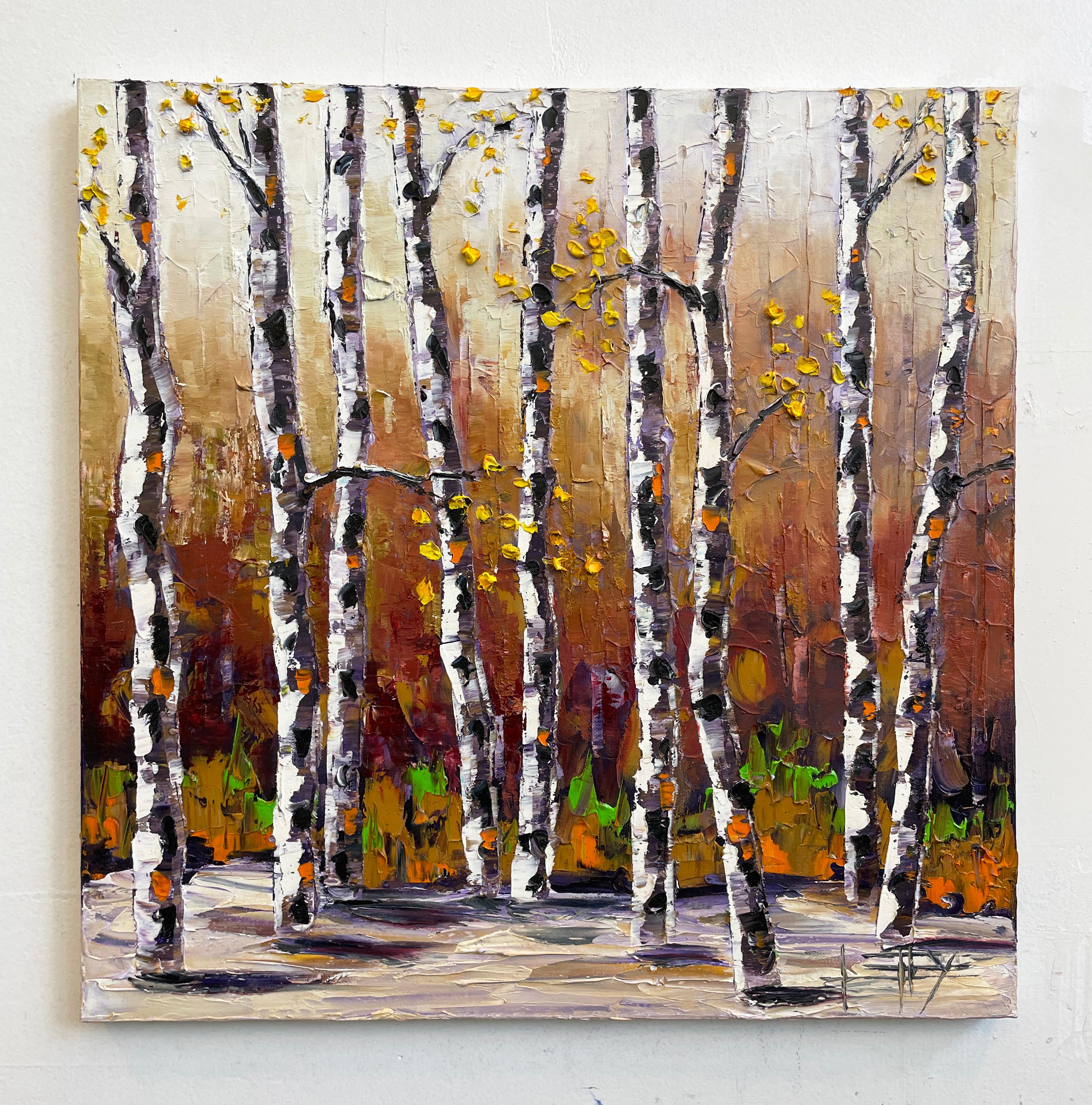 <p>Artist Comments<br>Artist Lisa Elley's signature autumnal forest scene using a palette knife. In this version, Lisa rendered each birch with lashings of thick oil paint and utilized warm tones to enrich the gradient background. Combined with