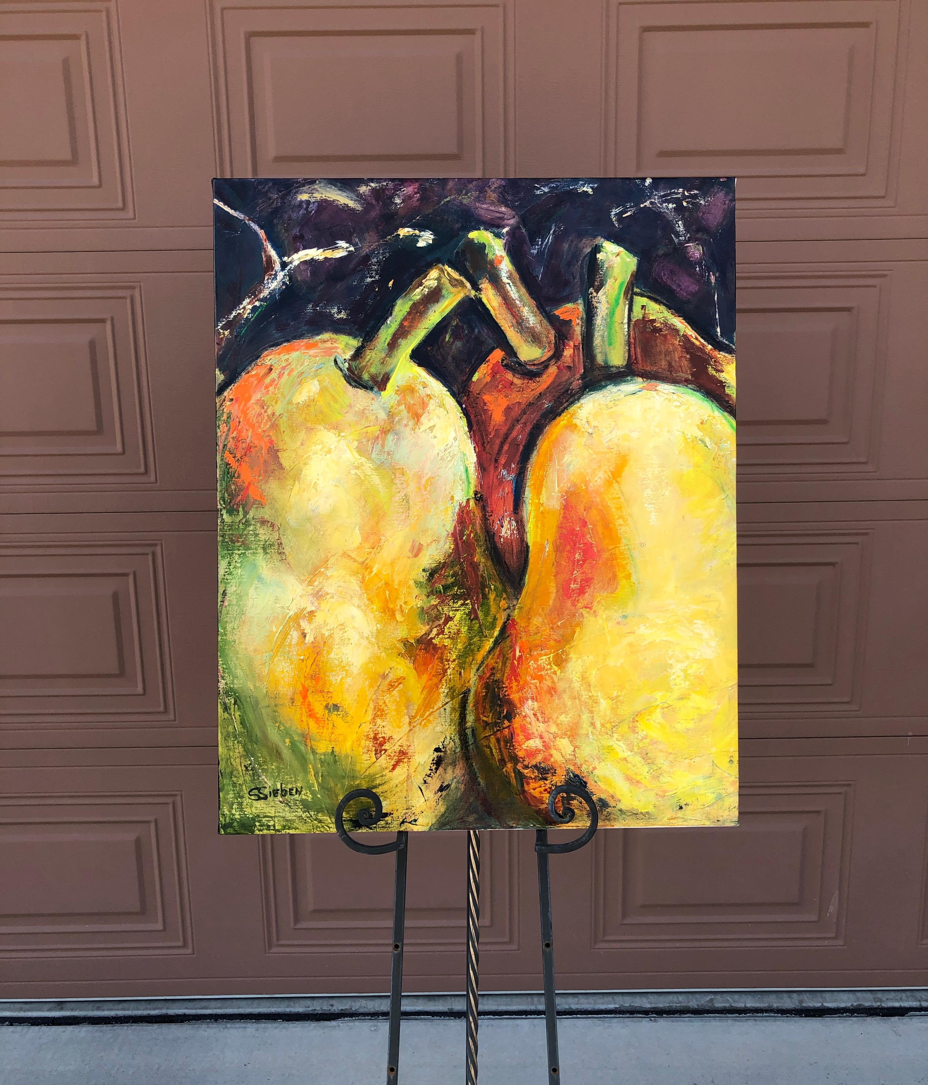 <p>Commentaires de l'artiste<br />Cette composition de l'artiste Sharon Sieben est remplie d'un trio lumineux de poires mûres. En optant pour une vue rapprochée, Sharon présente une vision amusante et ludique de la nature morte. Créés à partir d'une