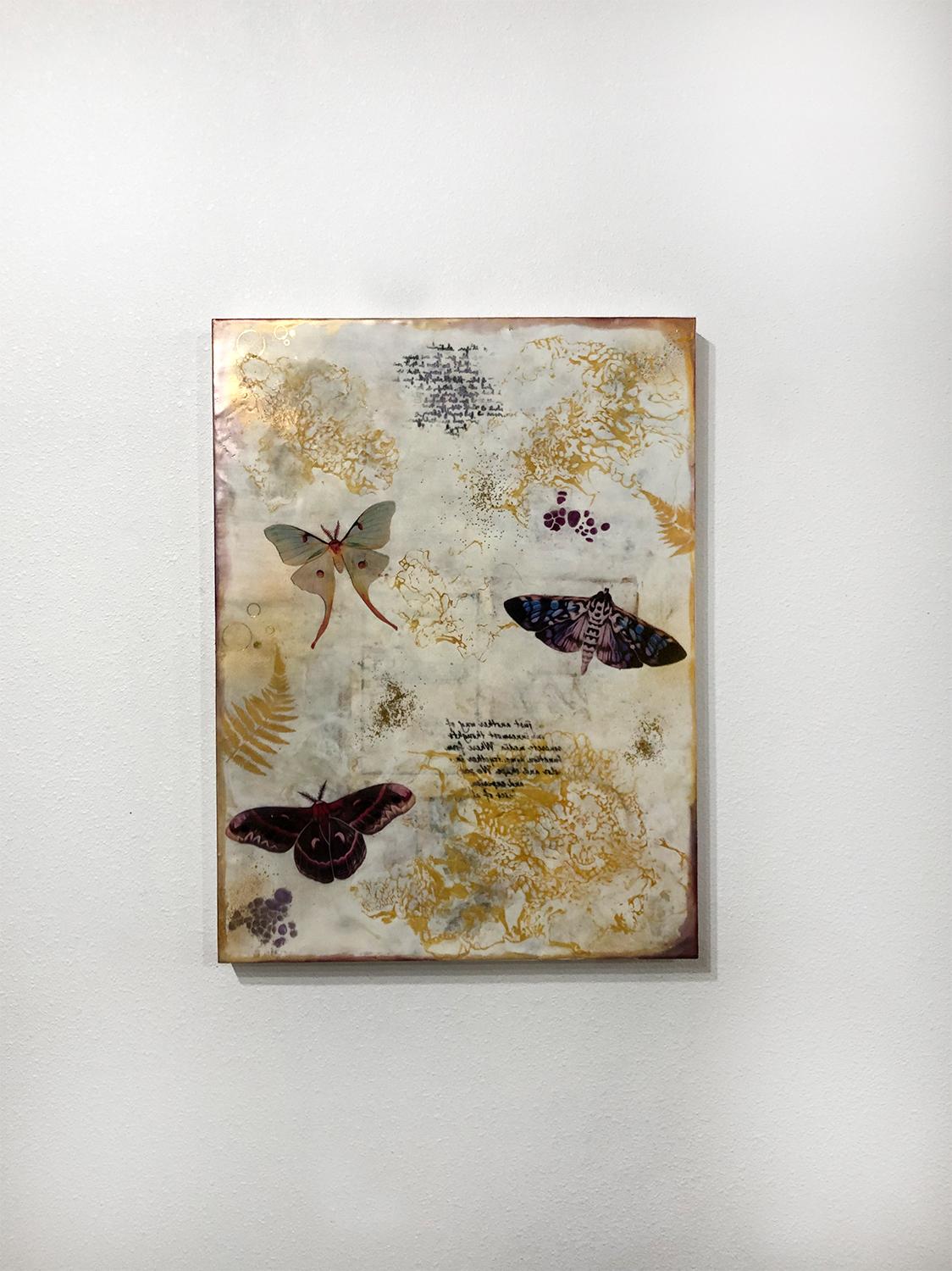 <p>Artist Comments<br />A delightful and dainty encaustic mixed media painting featuring moths, ferns, and asemic writing. Artist Shannon Amidon embellished this piece with 23k gold leaf, mica flakes, and metal beads. The background was created