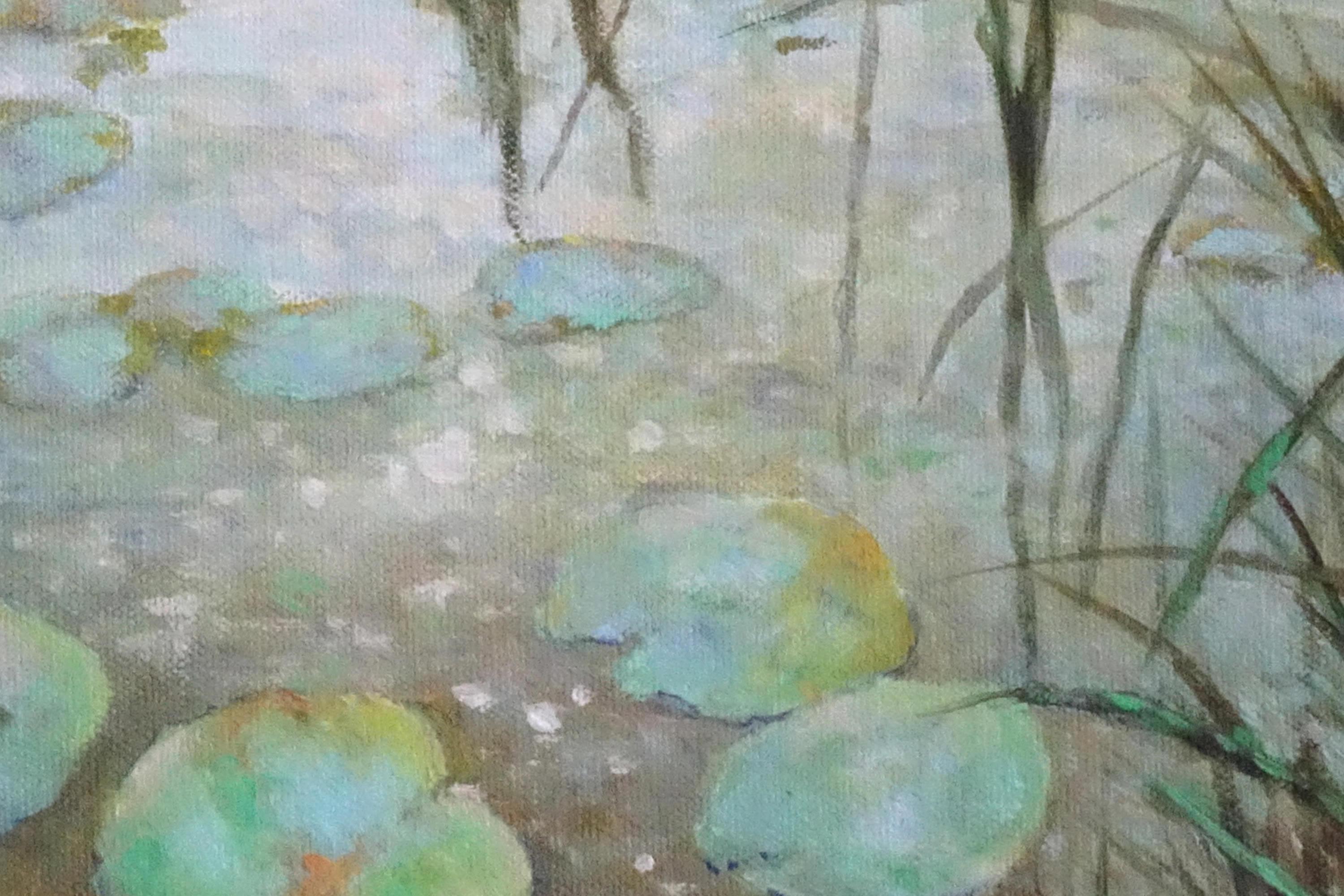 Waterlilies at Dawn, Ölgemälde (Grau), Landscape Painting, von Gail Greene