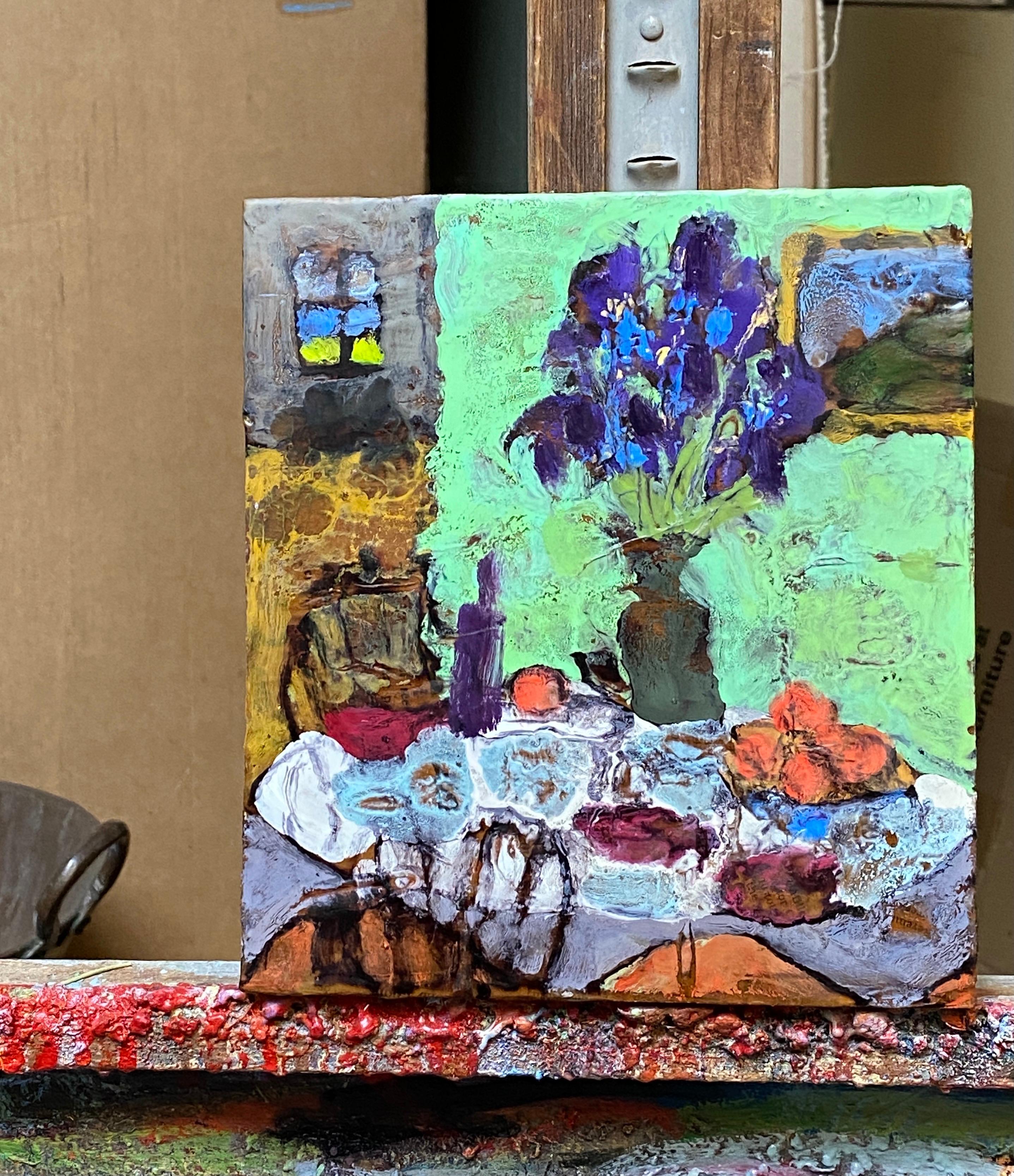 <p>Artist Comments<br>A vibrant encaustic on wood painted with oil over a collage of antique ephemera. Artist James Hartman portrays a colorful still life choosing a palette that undoubtedly glows. Vivid violet irises are set on a moss green vase