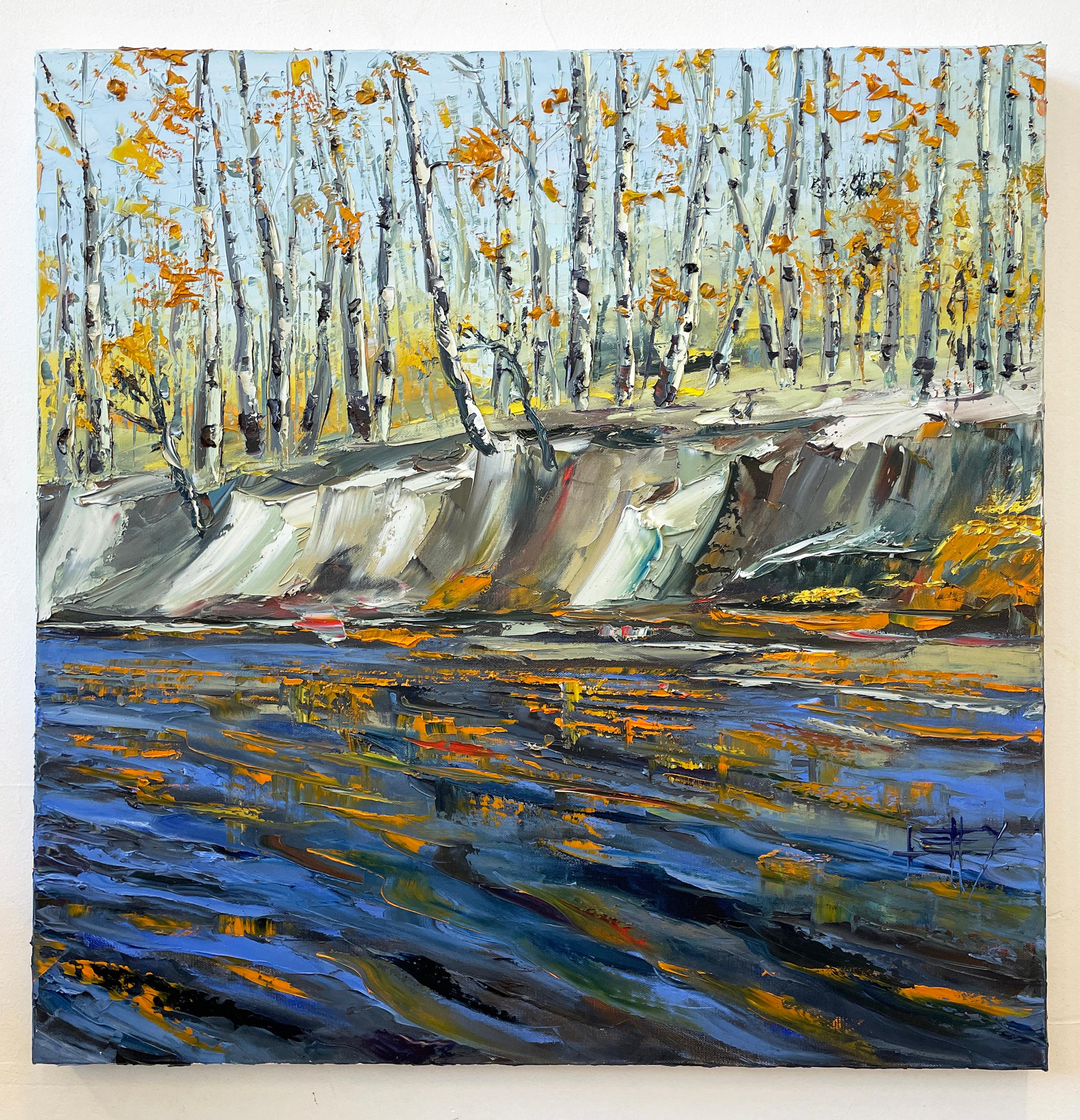 Aspen River, Oil Painting - Gray Landscape Painting by Lisa Elley