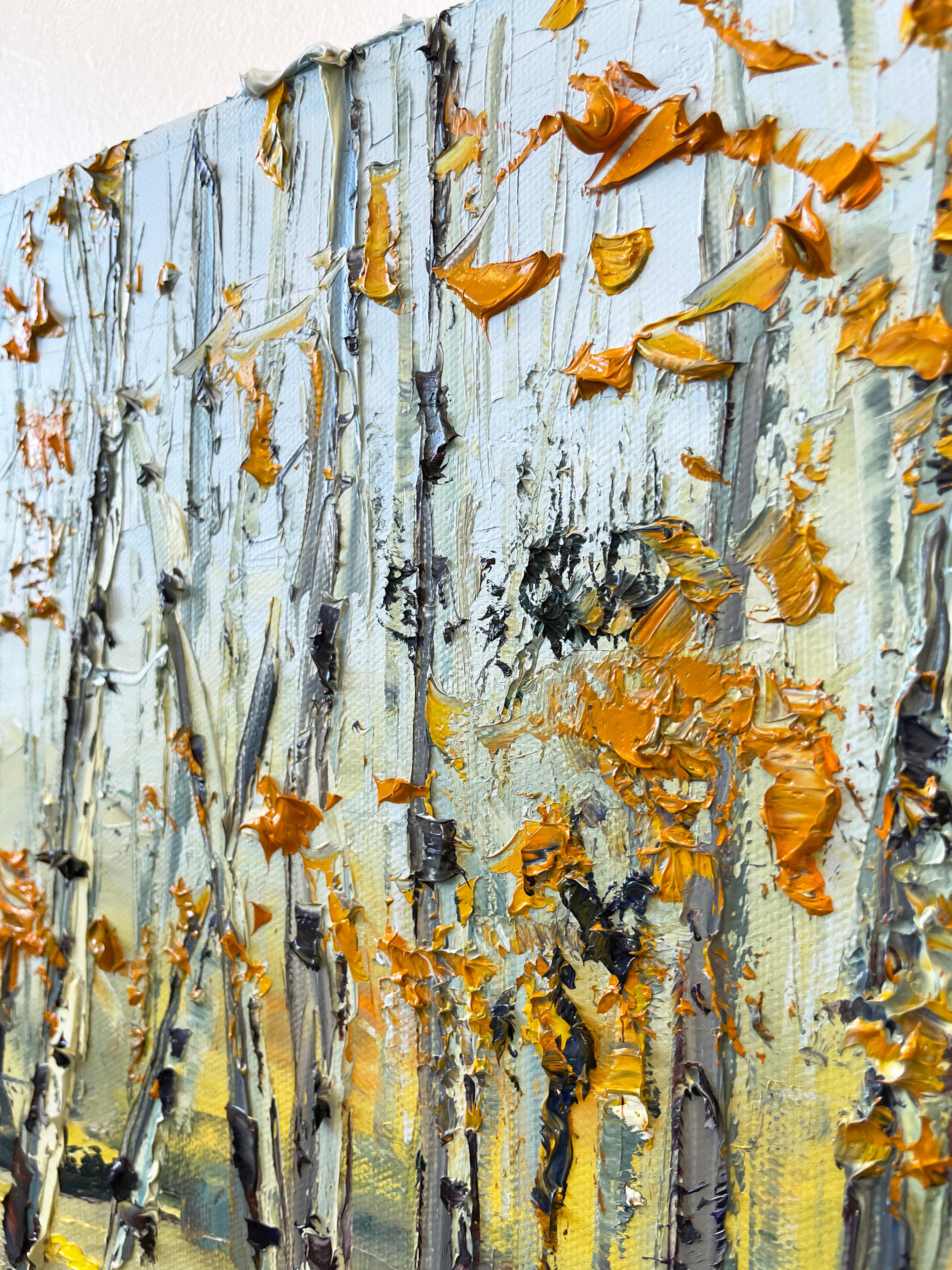 <p>Artist Comments<br>A textured impasto featuring colorful and elegant aspen trees lining the banks of a rushing river. 