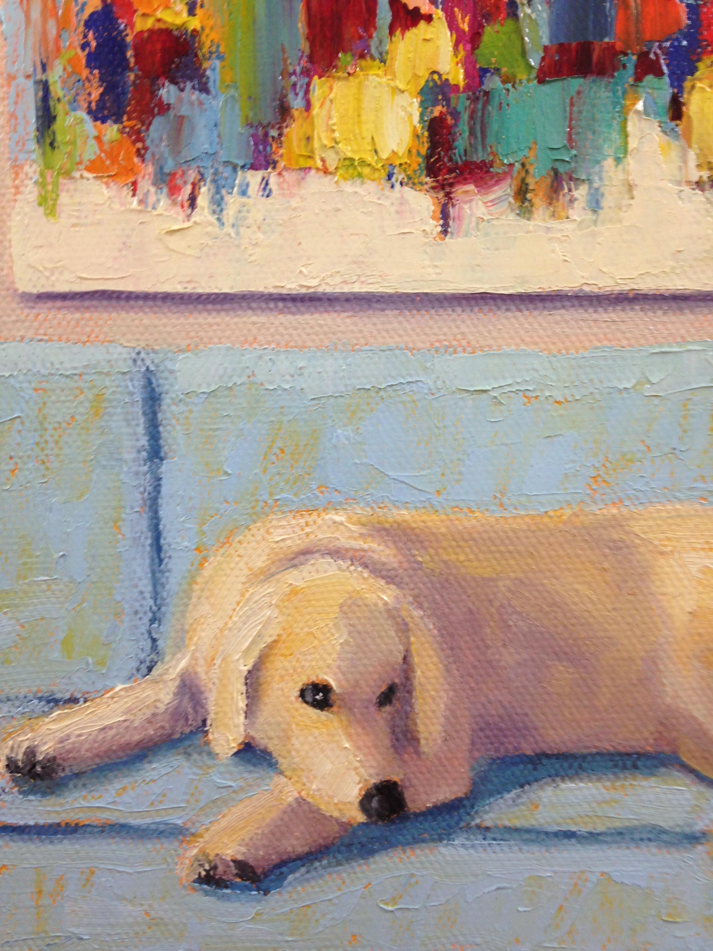 <p>Artist Comments<br>Part of artist Pat Doherty's series of living room scenes with a dog lying on the couch. In her work, she focuses on building dynamic compositions that center around her subject. In this painting, a yellow lab daydreams on a