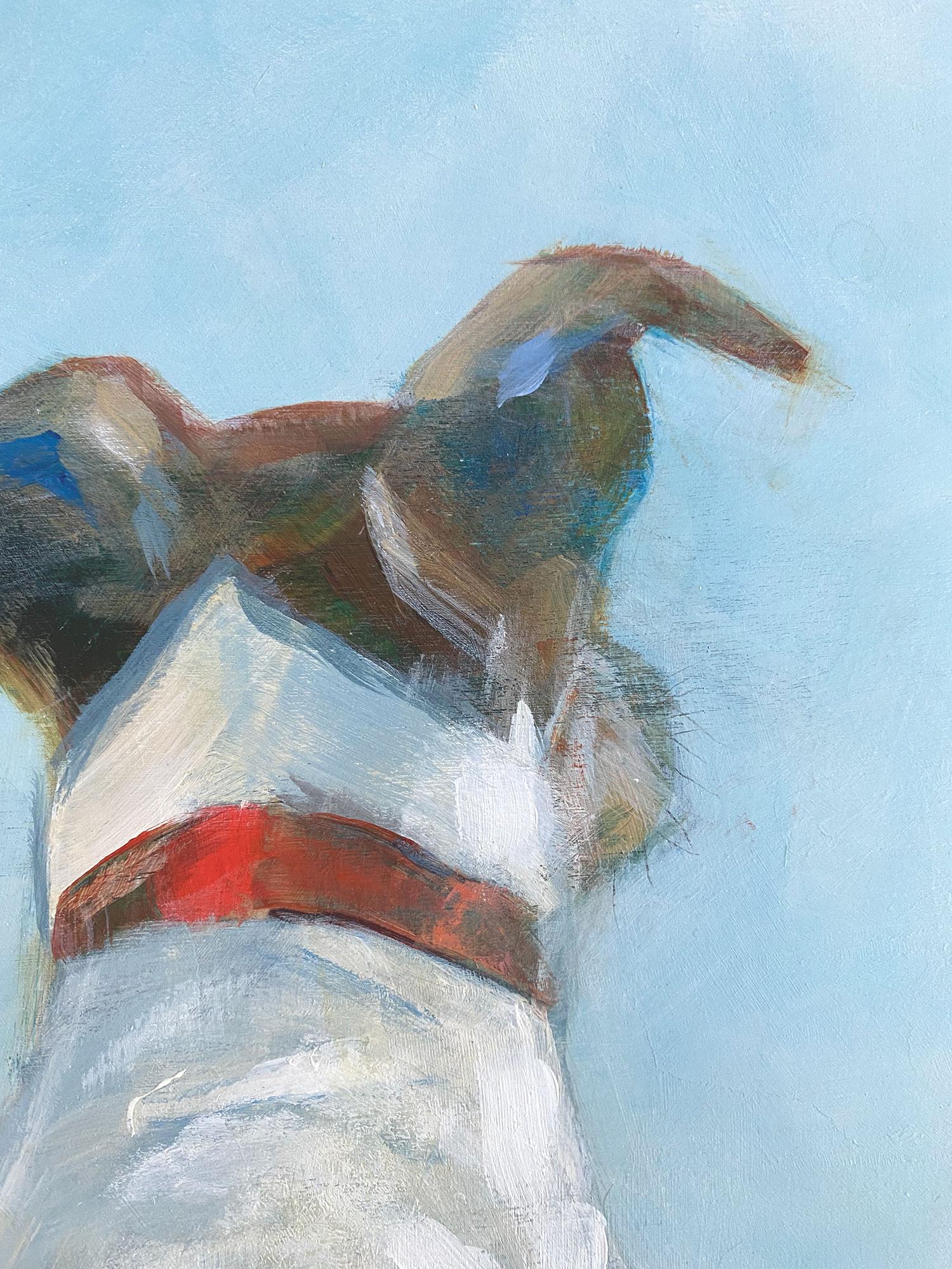 <p>Artist Comments<br>A Jack Russel sits contemplatively gazing at an expansive landscape. Artist Sally Adams paints the peaceful scene with soft brushstrokes and a complementing vibrant palette in red, green, and blue. 
