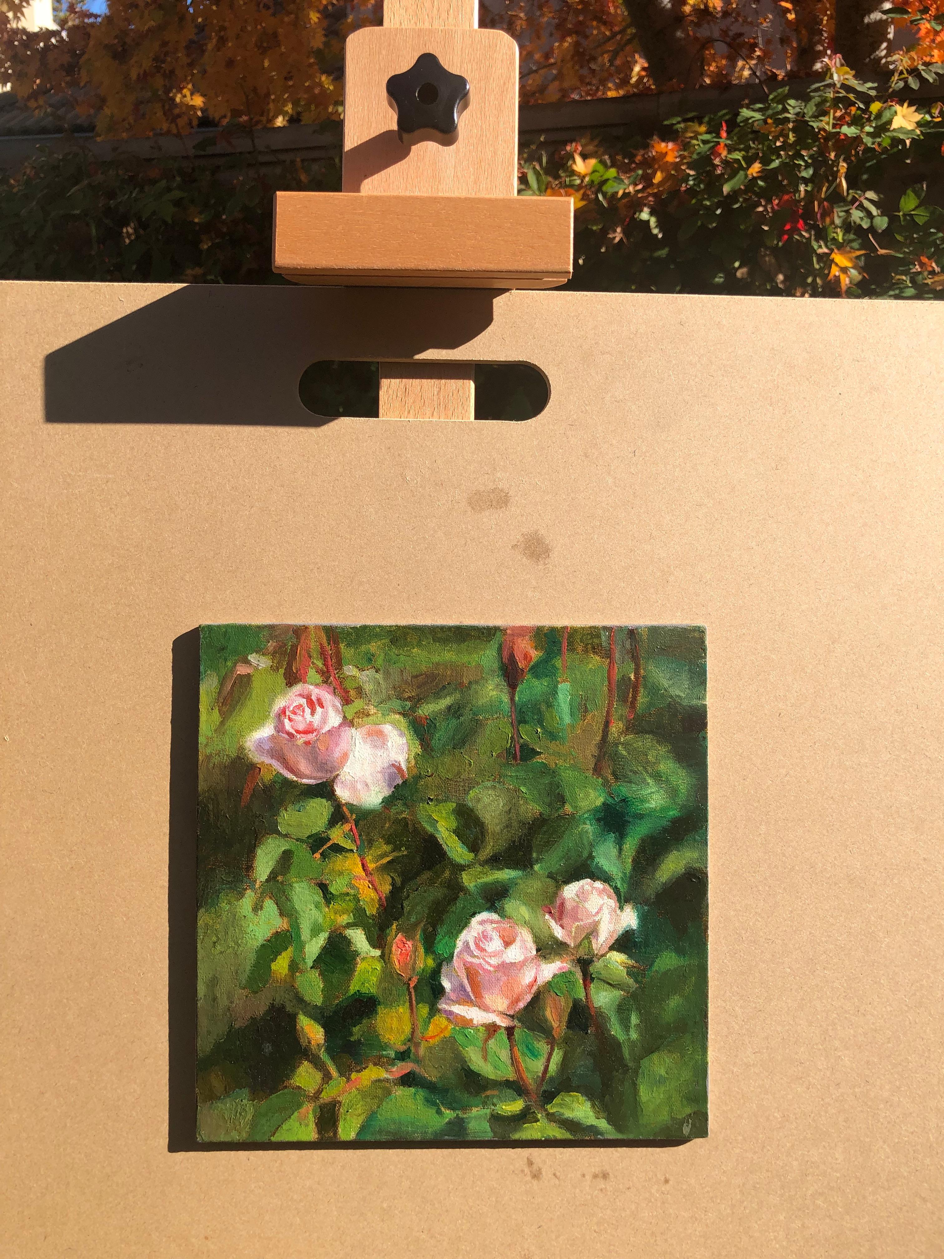 Three Light Pink Roses, Oil Painting - Brown Still-Life Painting by Hilary Gomes