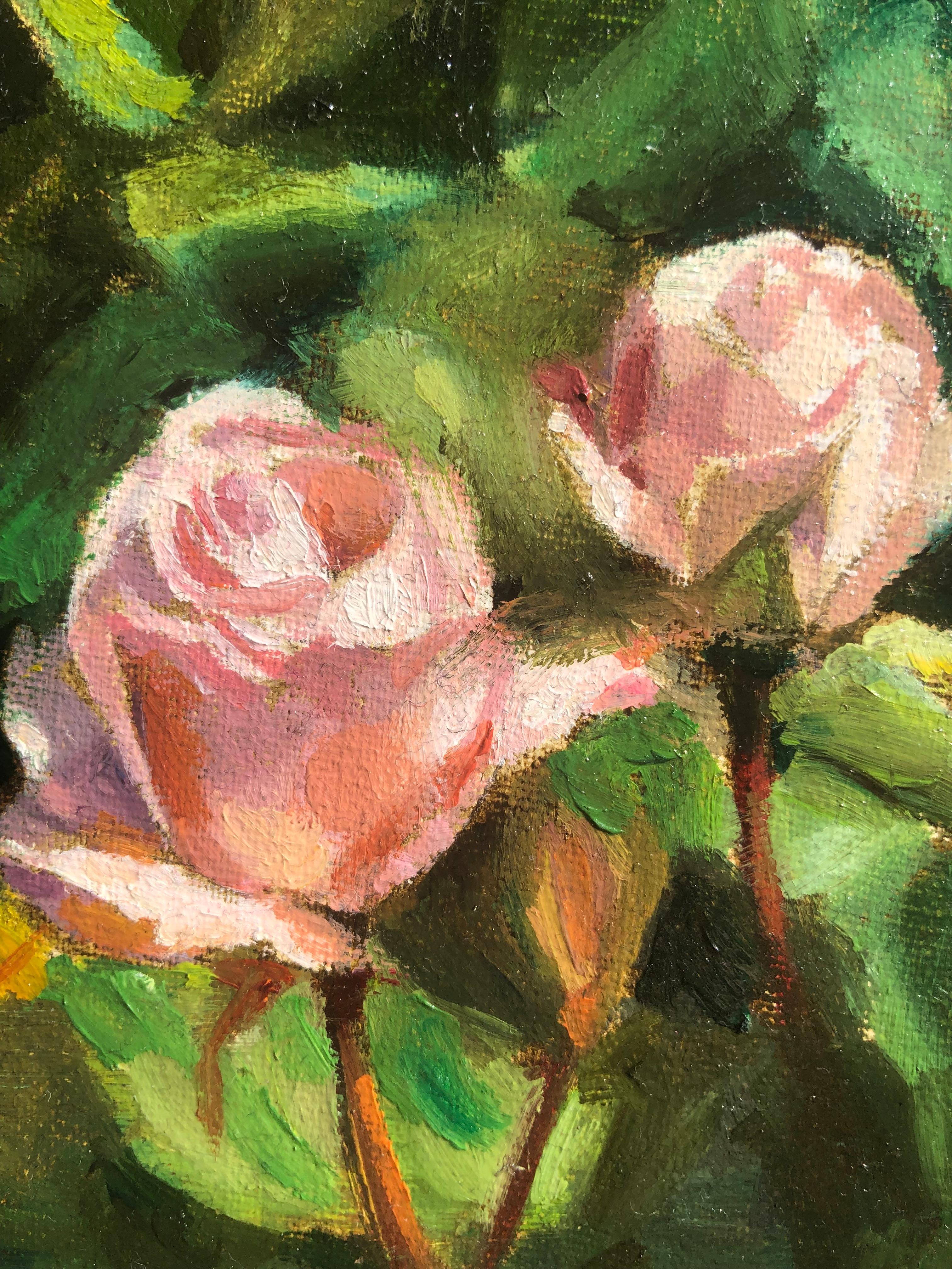 <p>Artist Comments<br />Delicate pink rosebuds slowly bloom towards the bright morning sun. Artist Hilary Gomes captured the scene at the Filoli Gardens of the Filoli Historic House and Garden in California. Painted on textured linen, the piece