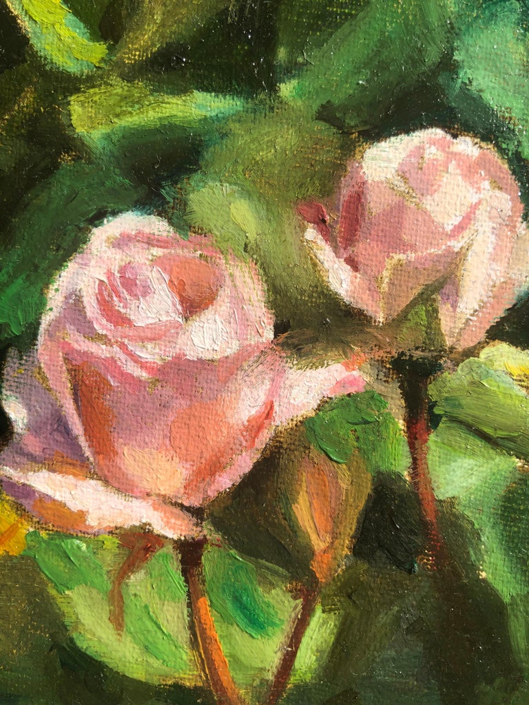 Painting Three Roses Hilary Gomes - Three Light Pink Roses, Oil Painting For Sale at 1stDibs