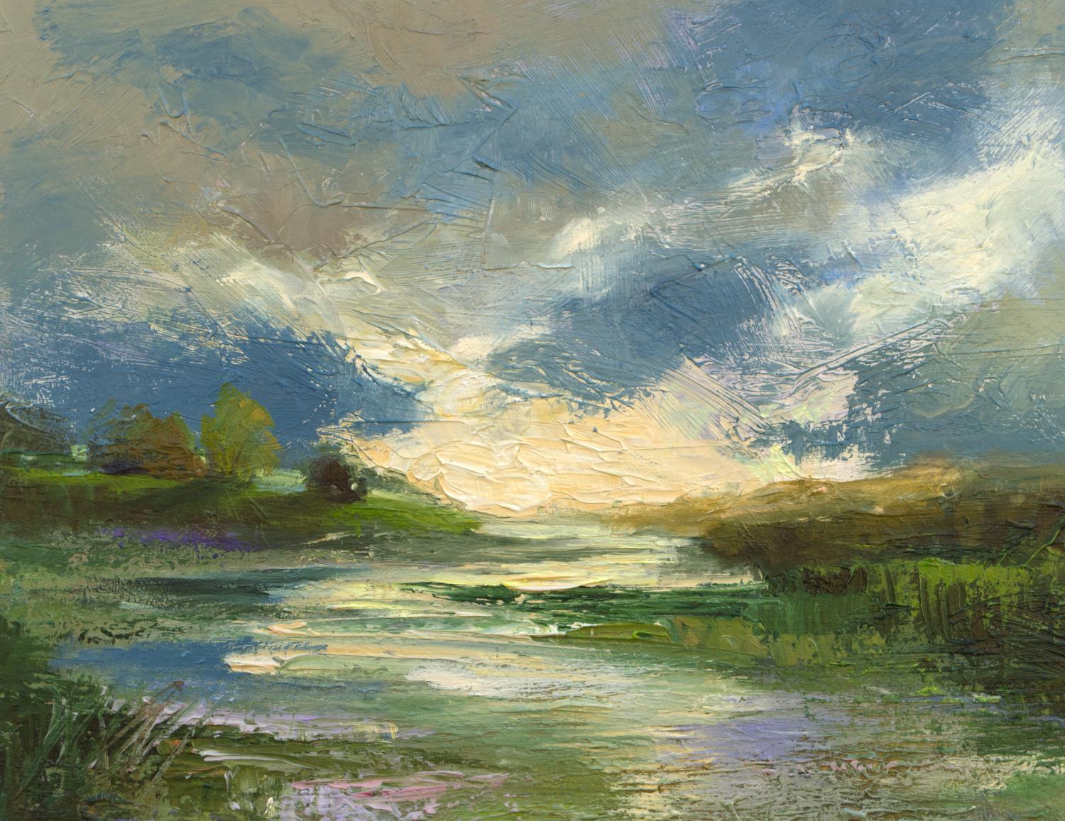 Pioggia passeggera nelle zone umide di Pescadero, pittura a olio - Landscape Painting Grigio di Sheila Finch