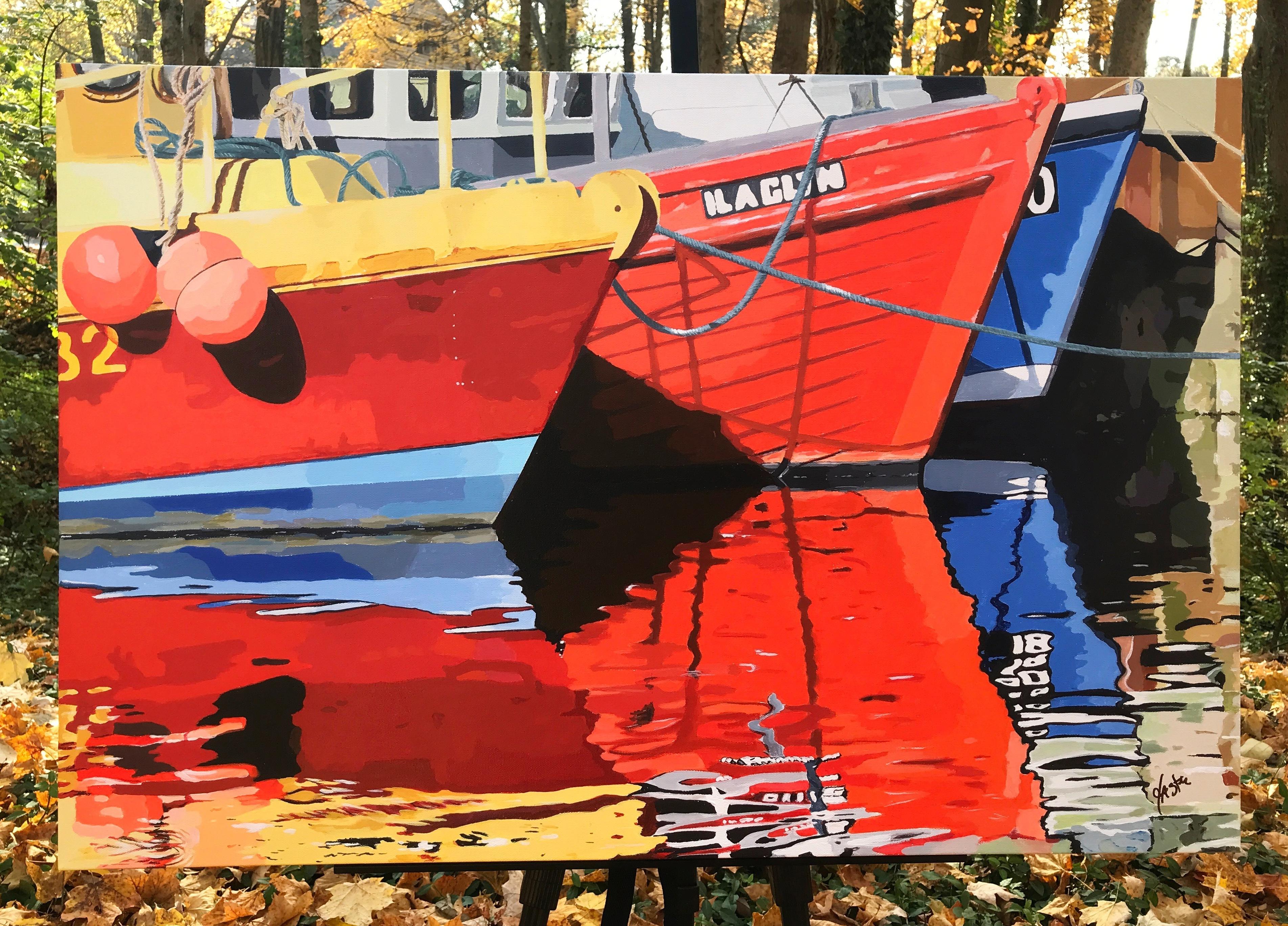 <p>Artist Comments<br>Artist John Jaster depicts three large fishing boats in bright shades of red, orange, and blue. Their striking reflections ripple across the water in a fragmented mirror image. John uses heavy body acrylics with multiple layers