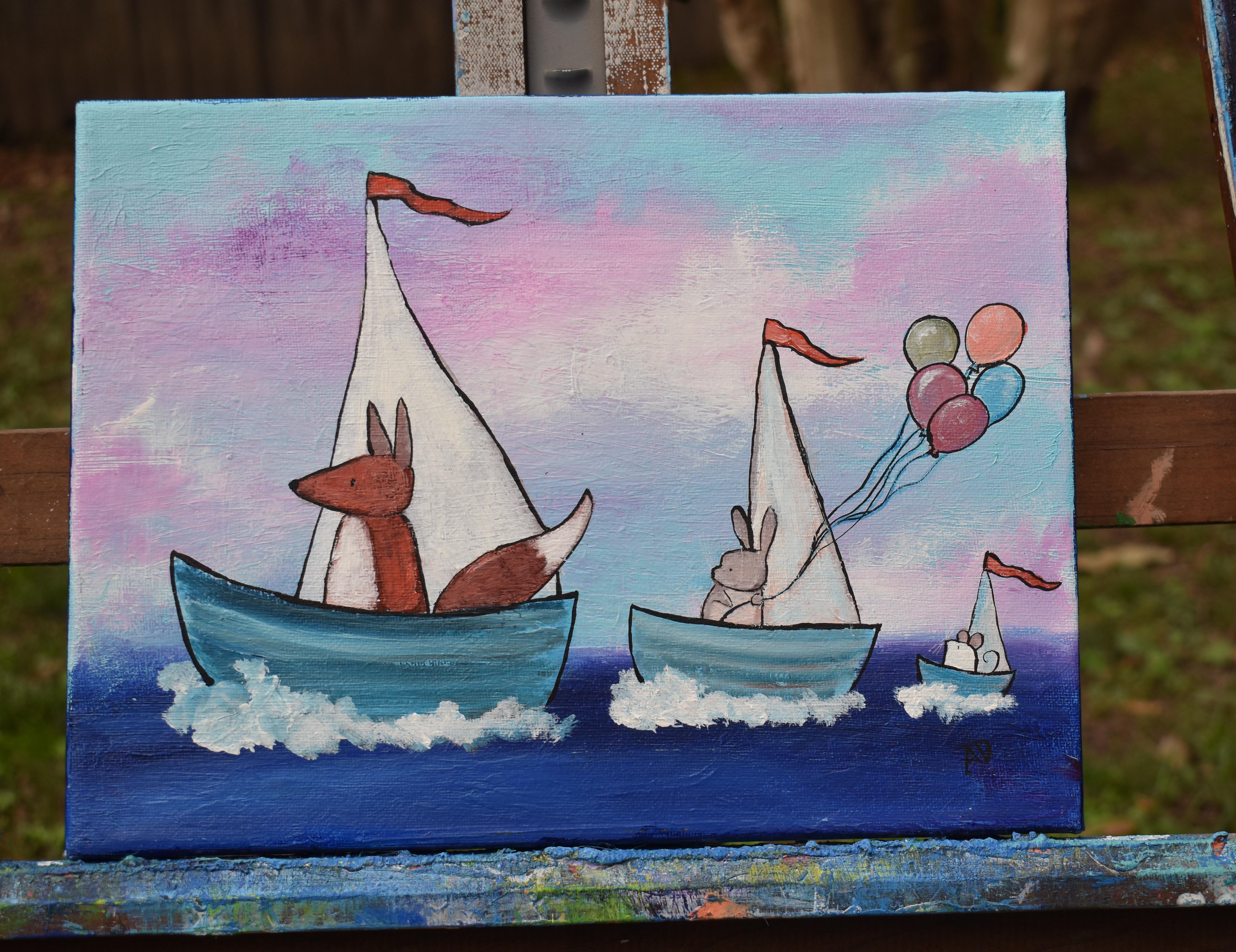 <p>Artist Comments<br />Artist Andrea Doss paints a fox, a bunny, and a mouse sailing out to sea each in their own boat. Their flags dance in the wind while the bunny holds on to their colorful balloons. 