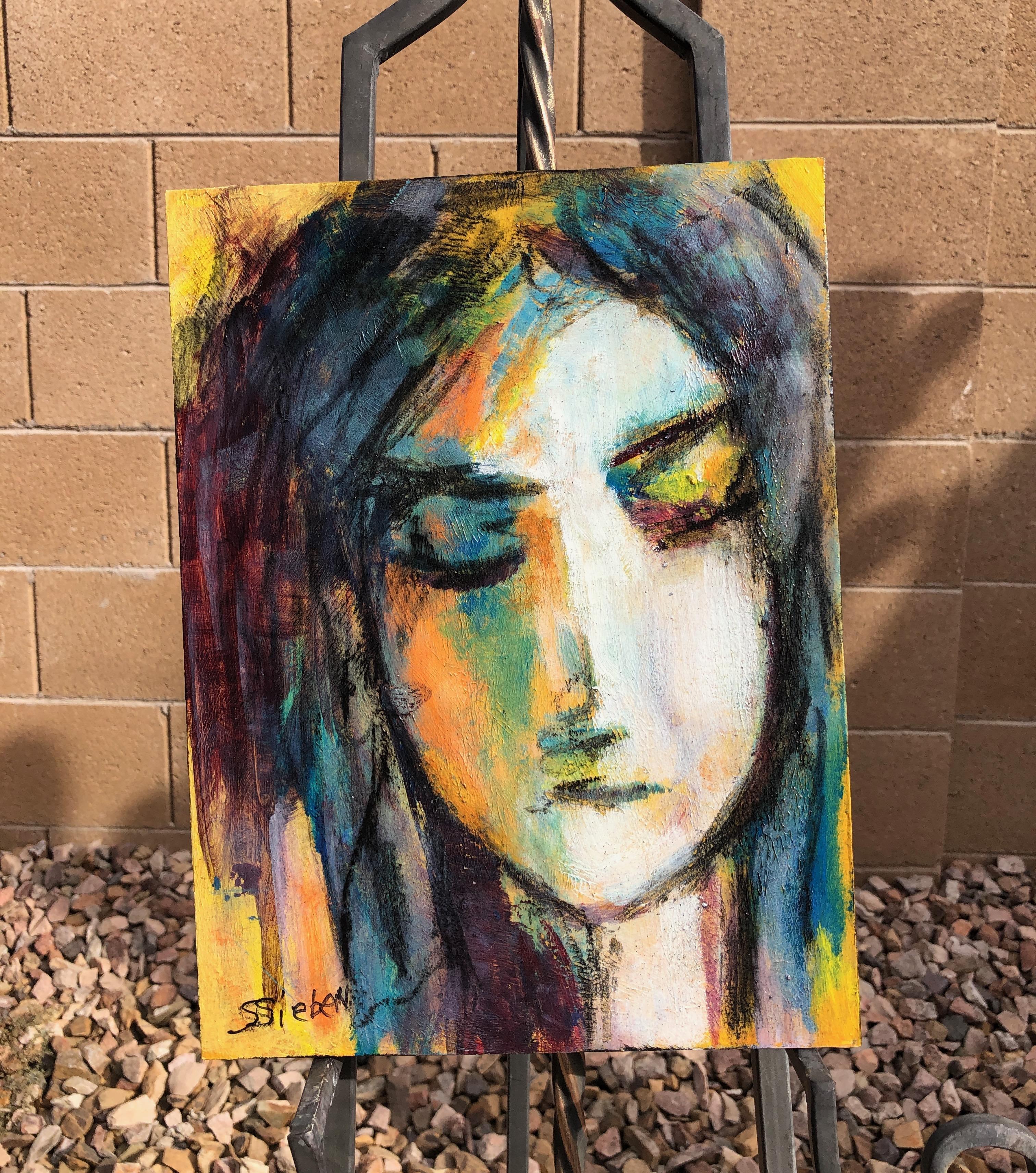 <p>Artist Comments<br>Artist Sharon Sieben presents a strong portrait of a woman in bright yellow, orange, and teal with defining black strokes. 