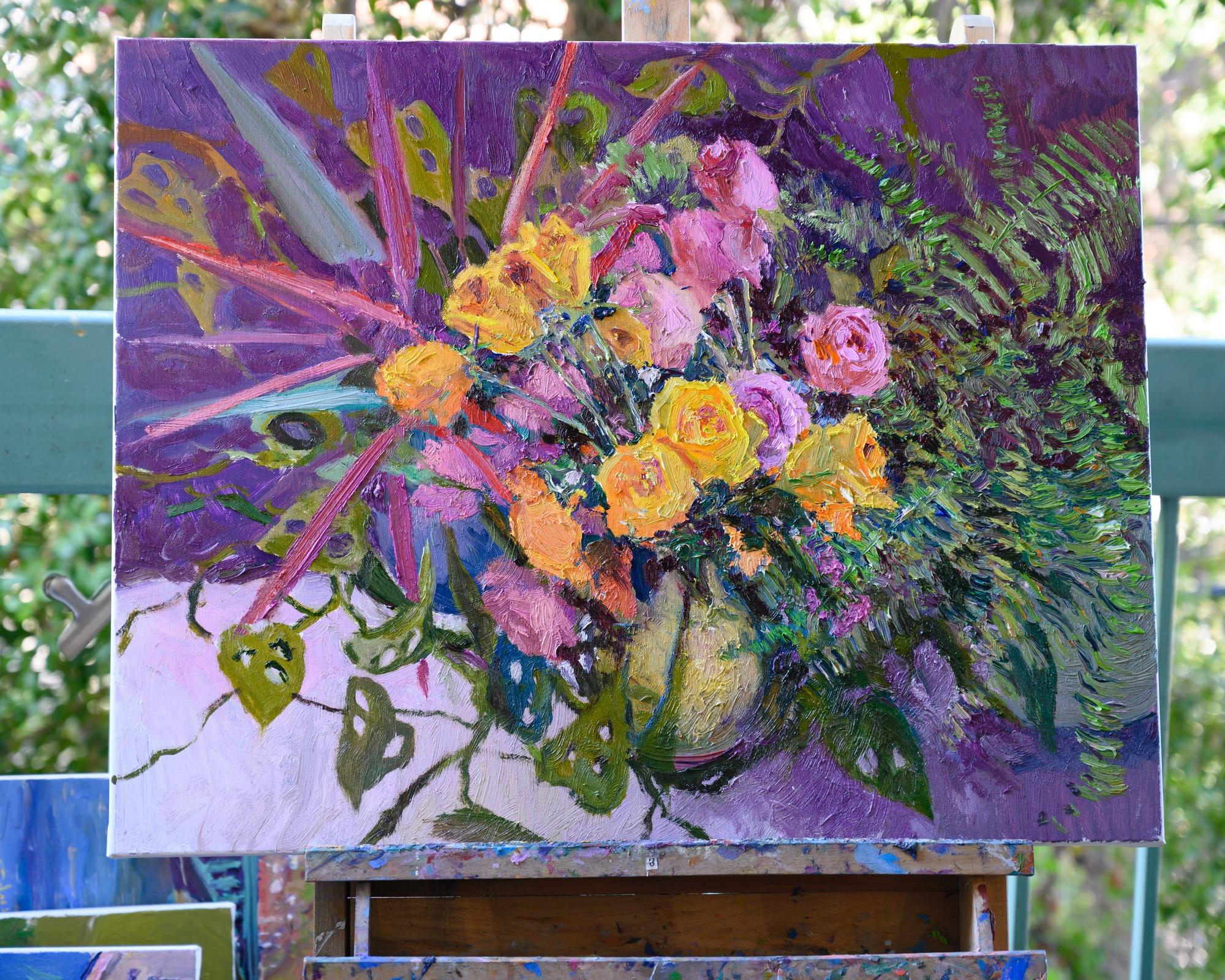 <p>Artist Comments<br>Artist Suren Nersisyan paints a vibrant bouquet of yellow and pink roses surrounded by tropical foliage. Thick, textured brushstrokes and a deep violet background all together create a beautiful contrast. 