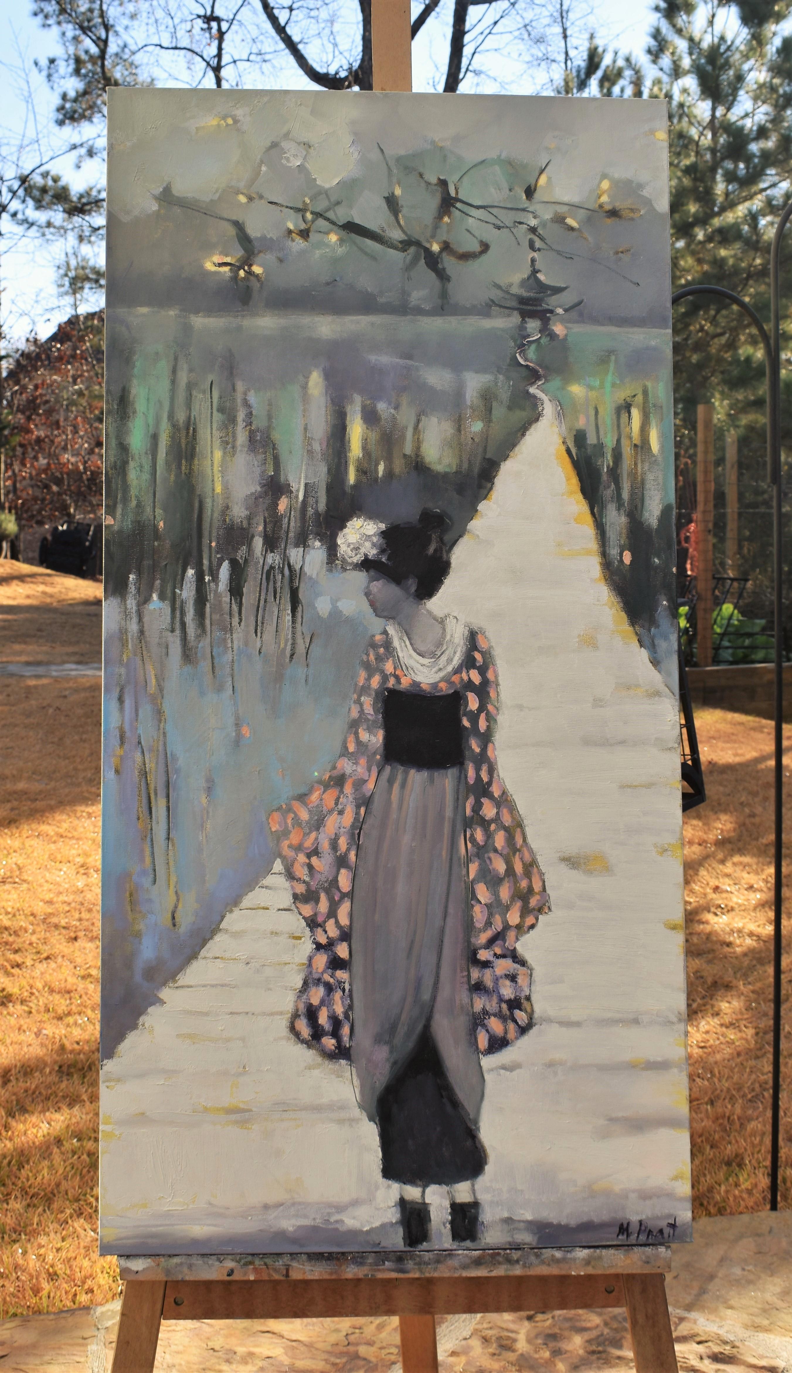 Peinture à l'huile - Geisha On Boardwalk - Impressionnisme abstrait Painting par Mary Pratt