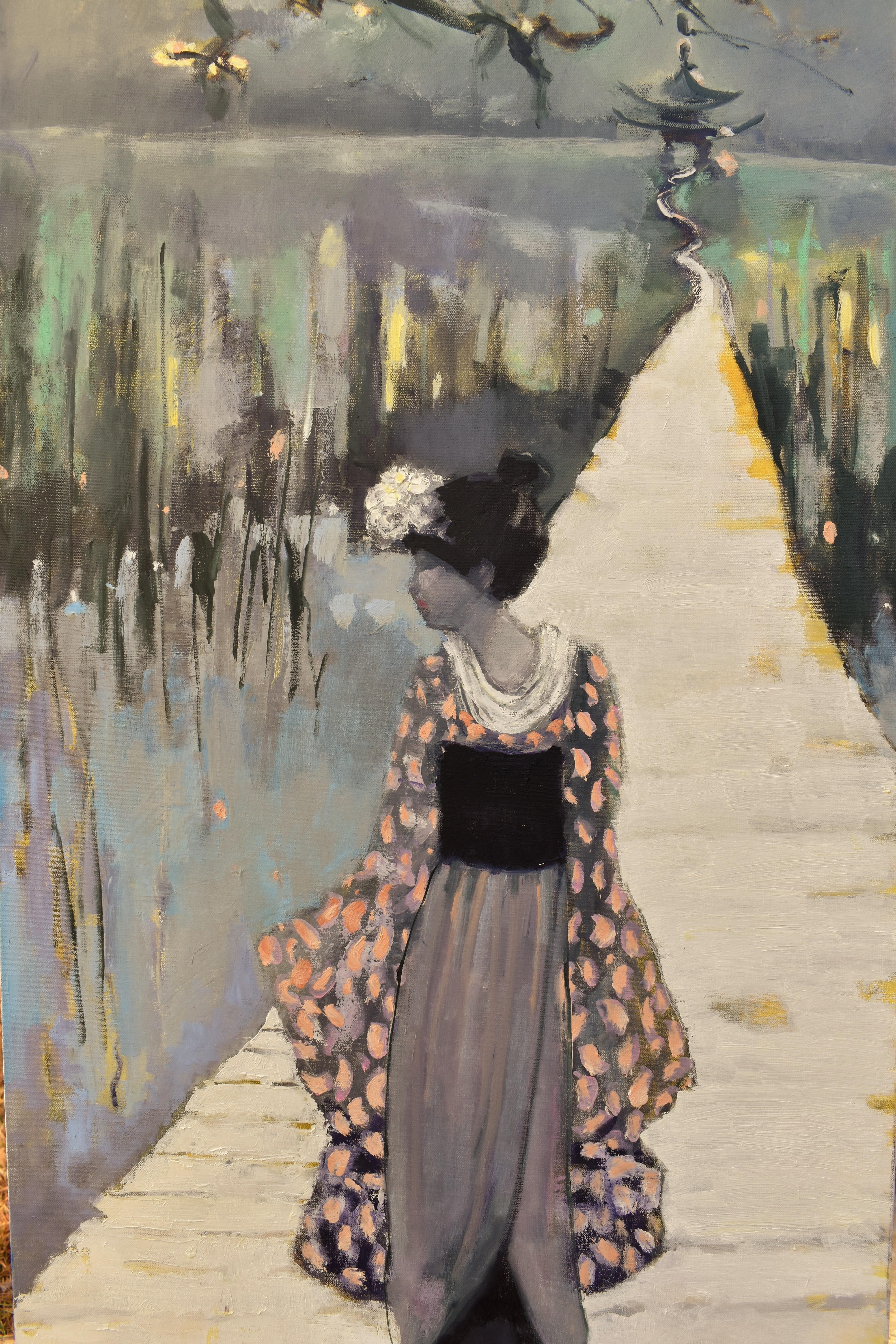 Peinture à l'huile - Geisha On Boardwalk - Noir Figurative Painting par Mary Pratt