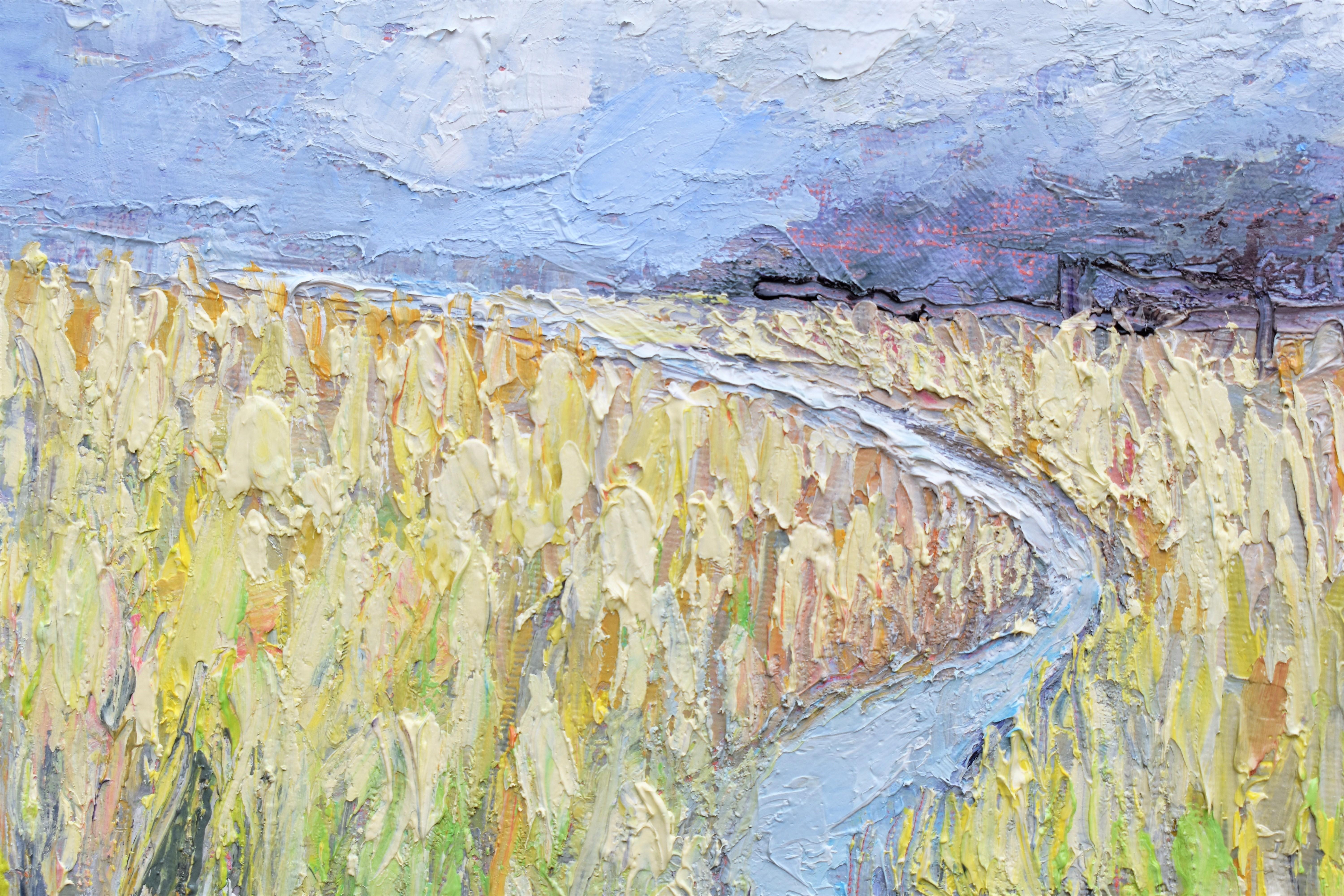 <p>Artist Comments<br>Water winds through a peaceful golden marsh by artist Mary Pratt. Green, orange, and pale yellows define the tall grasses as they extend towards the horizon. Clouds drift in a clear blue sky while a shadow of a mountain appears