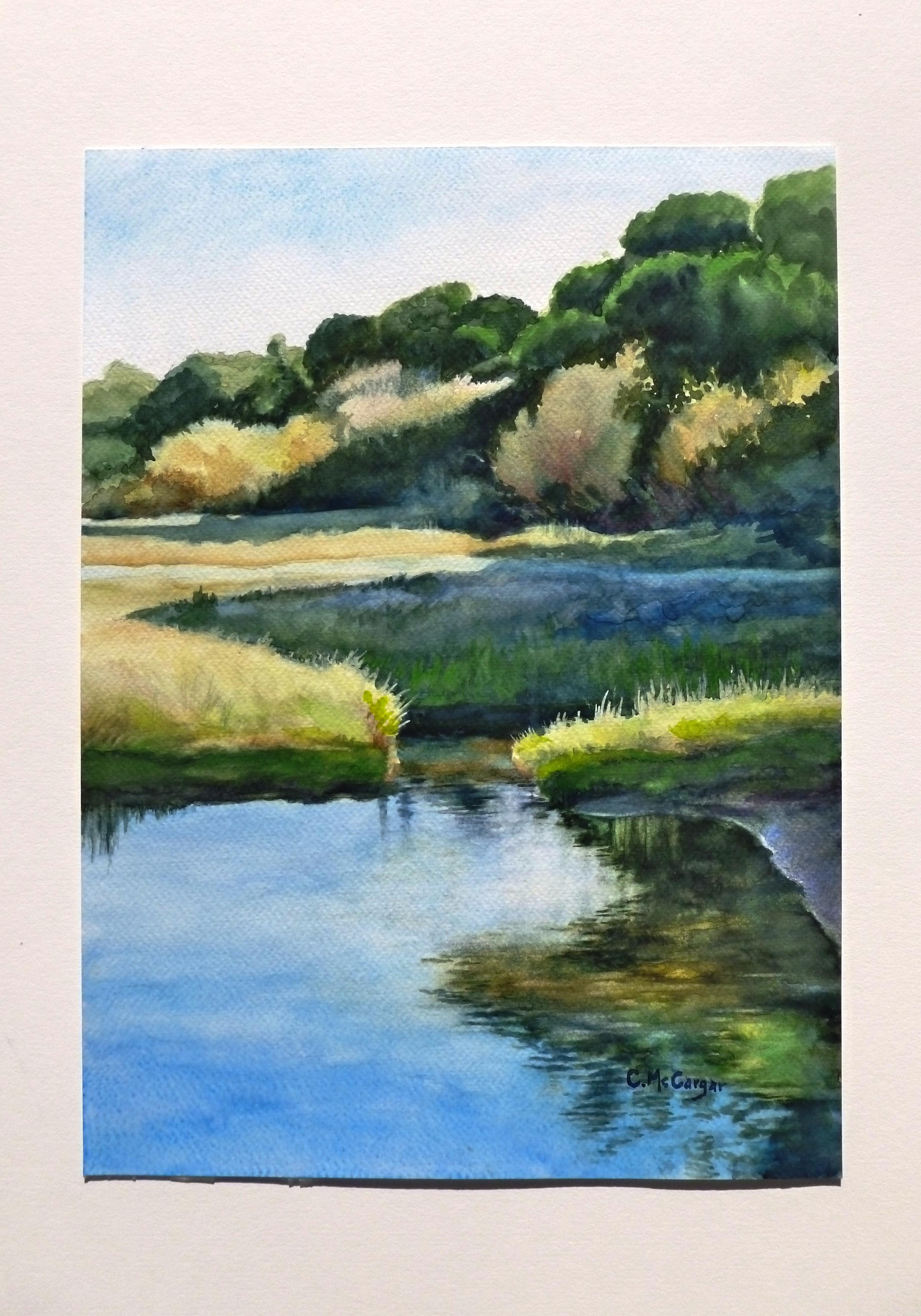 <p>Artist Comments<br>Artist Catherine McCargar explores the tranquility of still waters and deep shadows in this peaceful coastal landscape. The sun's rays shine on the greenery with the clear sky pristinely reflected on the water. Skilfully