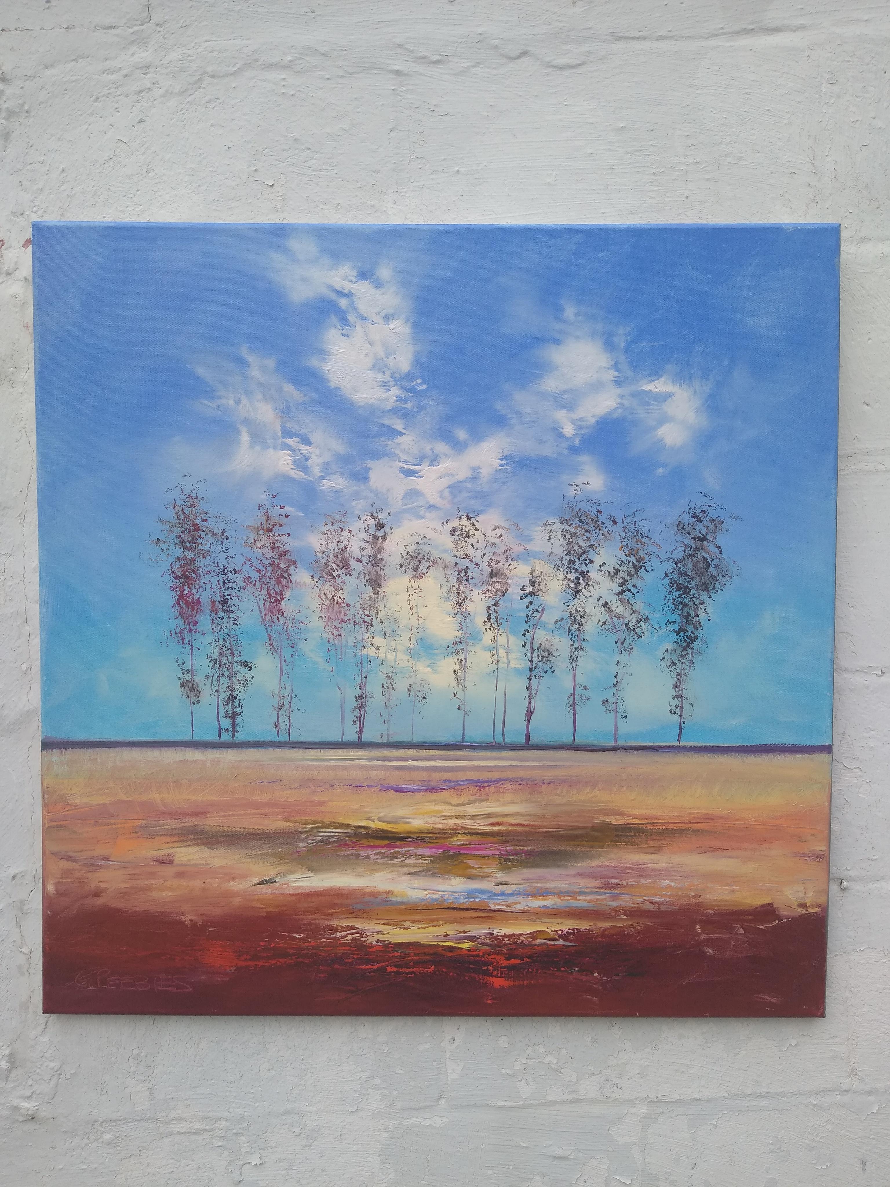 <p>Artist Comments<br>A stand of deep violet trees on the horizon in striking contrast to the bright blue sky. Using swift brushwork, artist George Peebles creates a calm and peaceful scenic view. George is known for his dramatic autumn landscapes