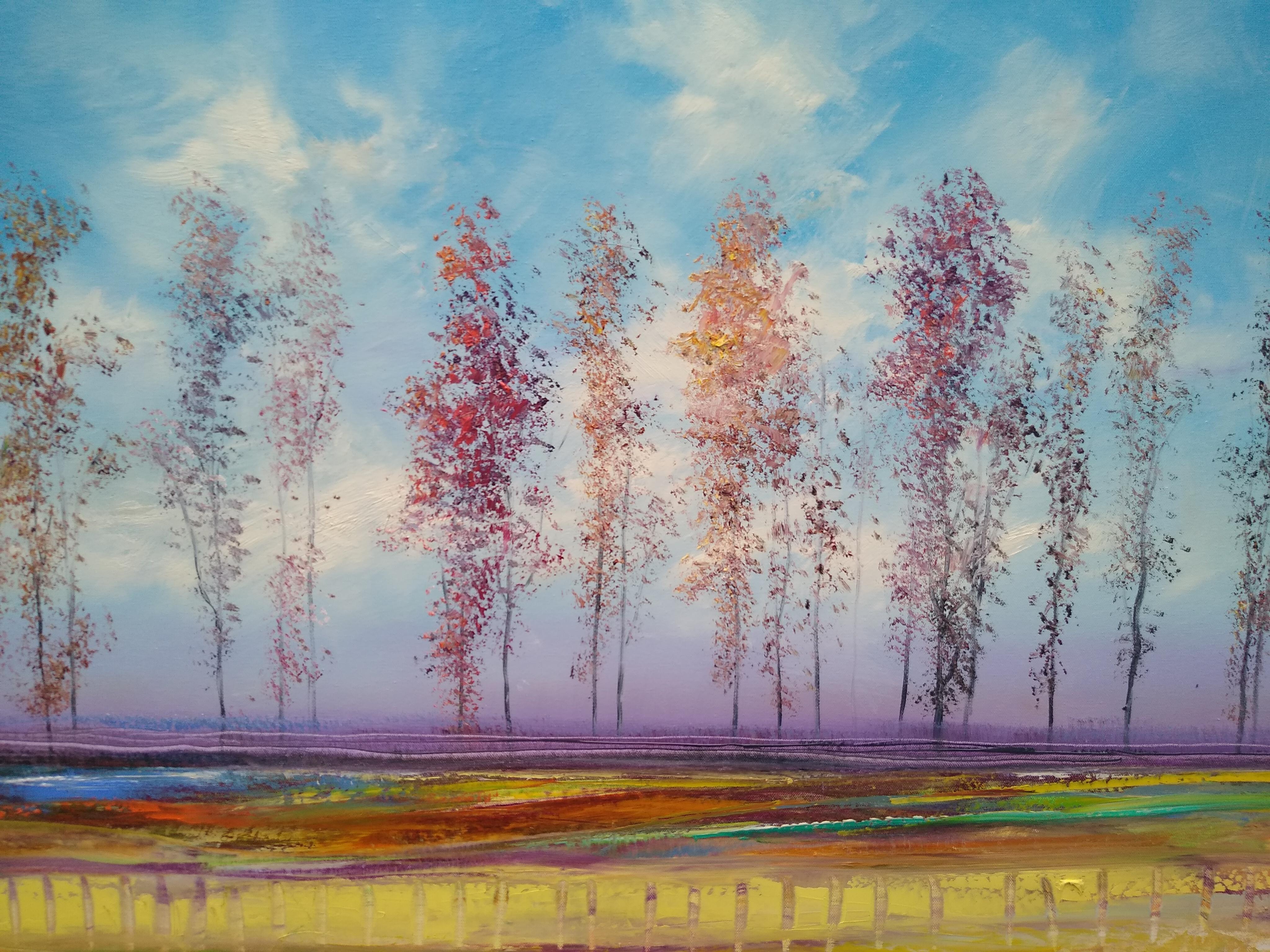<p>Artist Comments<br>Willowy trees stand tall under a soft blue sky in this expressionist autumn display by artist George Peebles. A pool of water in the foreground reflects the sky in perfect color contrast to the dry earth. George Peebles is