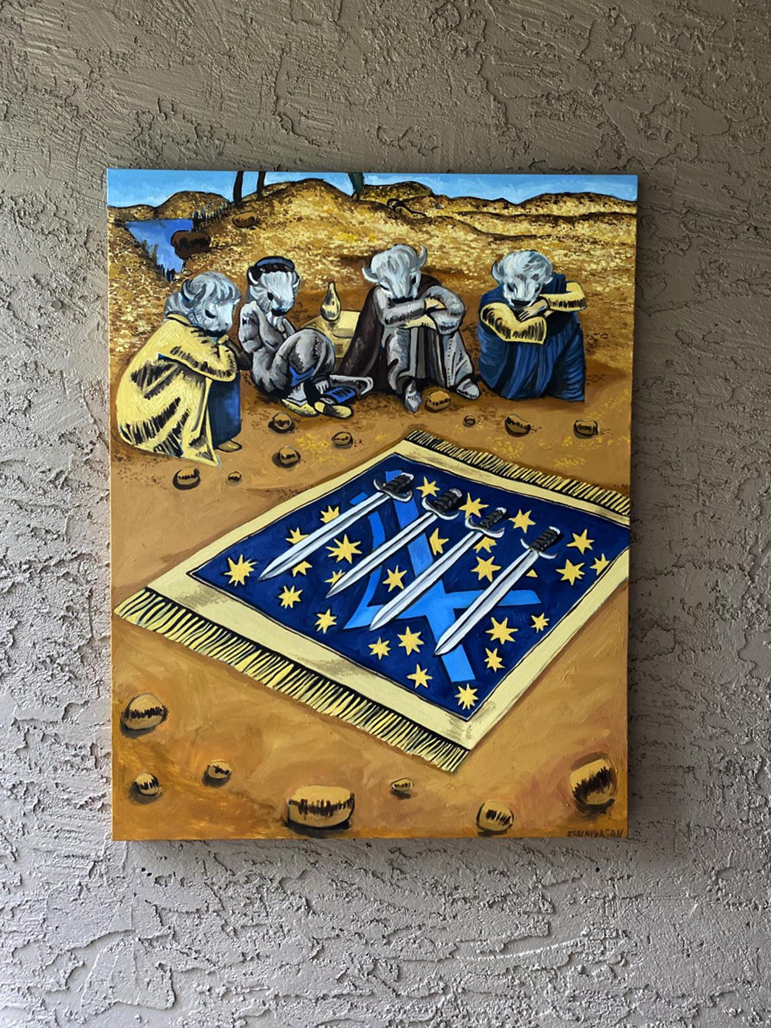 <p>Artist Comments<br />Part of artist Rachel Srinivasan's Tarot series. In this piece, she paints an interpretation of the card Four of Swords, showing four humanoid figures with buffalo heads taking a moment to pause and sit after a long journey.