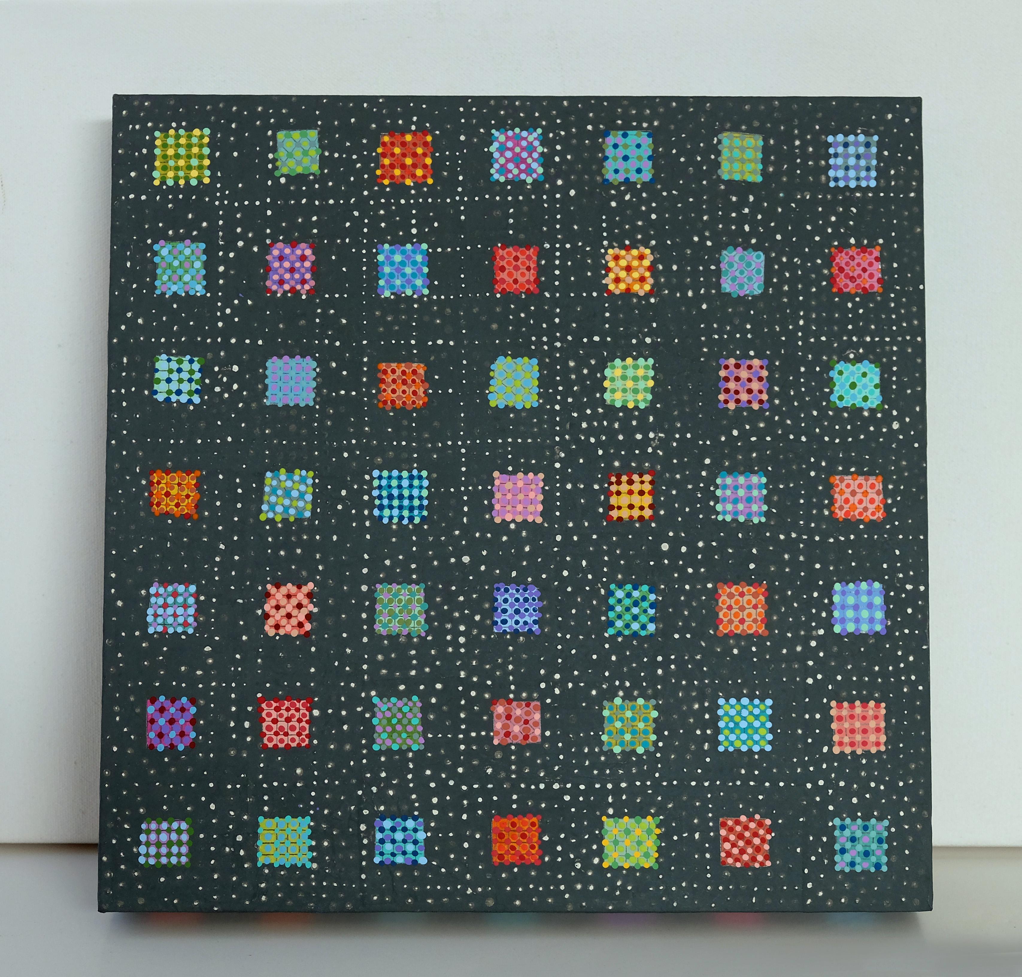 <p>Artist Comments<br>A vibrant modern abstract featuring a uniform framework by artist Terri Bell. The dark grey background is covered with a grid pattern in small white spheres. Within each area are colorful small squares comprised of ordered dots