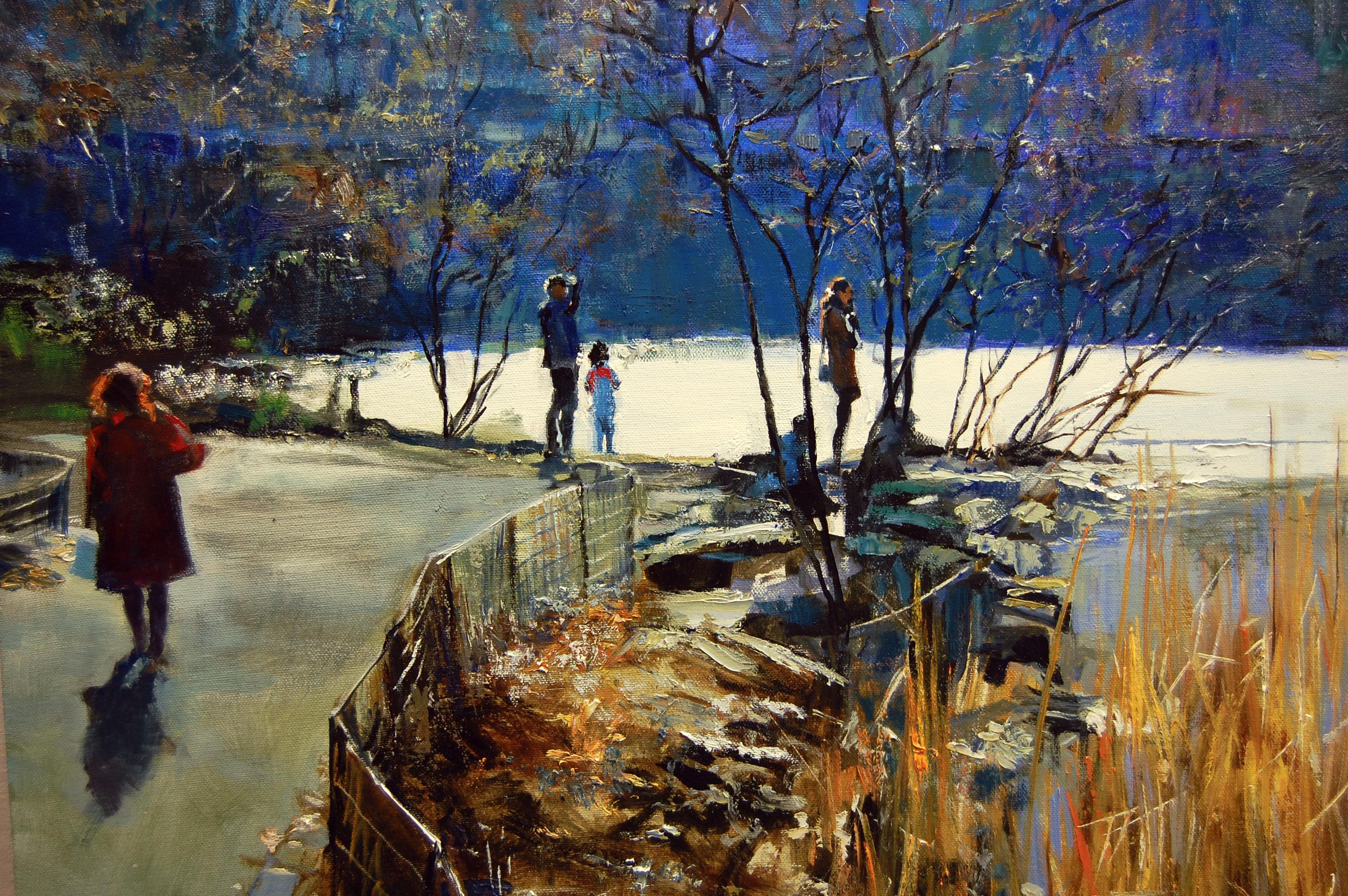 Central Park Pond in Winter, Oil Painting - Abstract Impressionist Art by Onelio Marrero