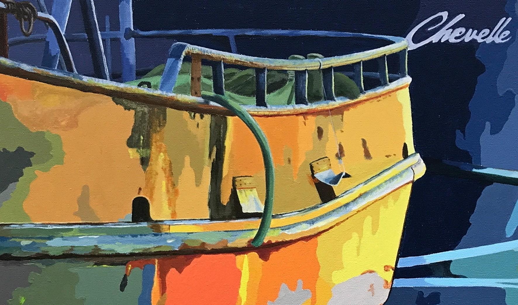 <p>Artist Comments<br />Artist John Jaster offers a captivating view of three large fishing boats with their rippling reflections on the water. With the sun rising across the Yaquina Bay in Oregon, he captures the striking scene as the light spills
