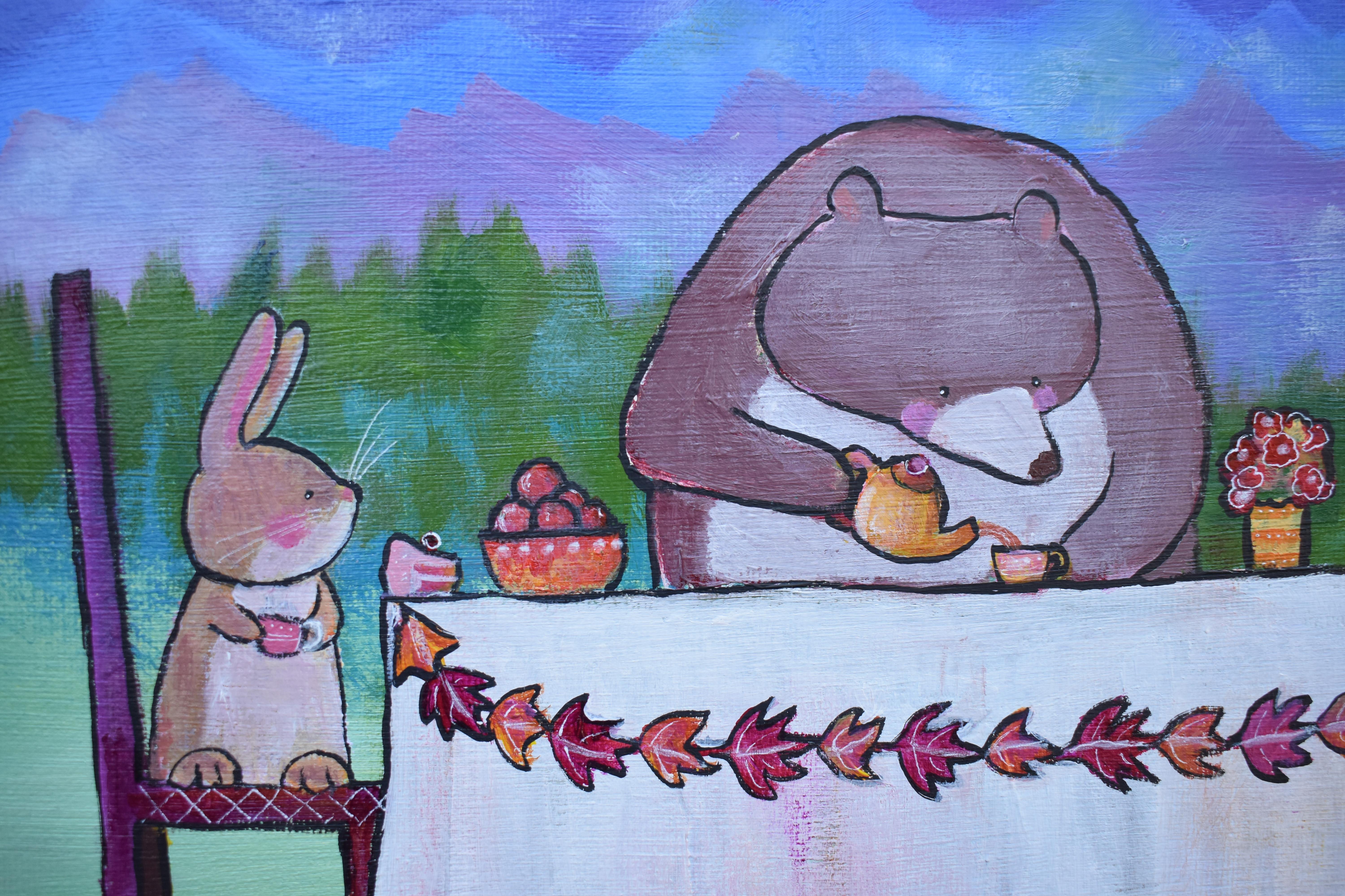 The Bear's Tea Party, Original Painting - Gray Animal Painting by Andrea Doss