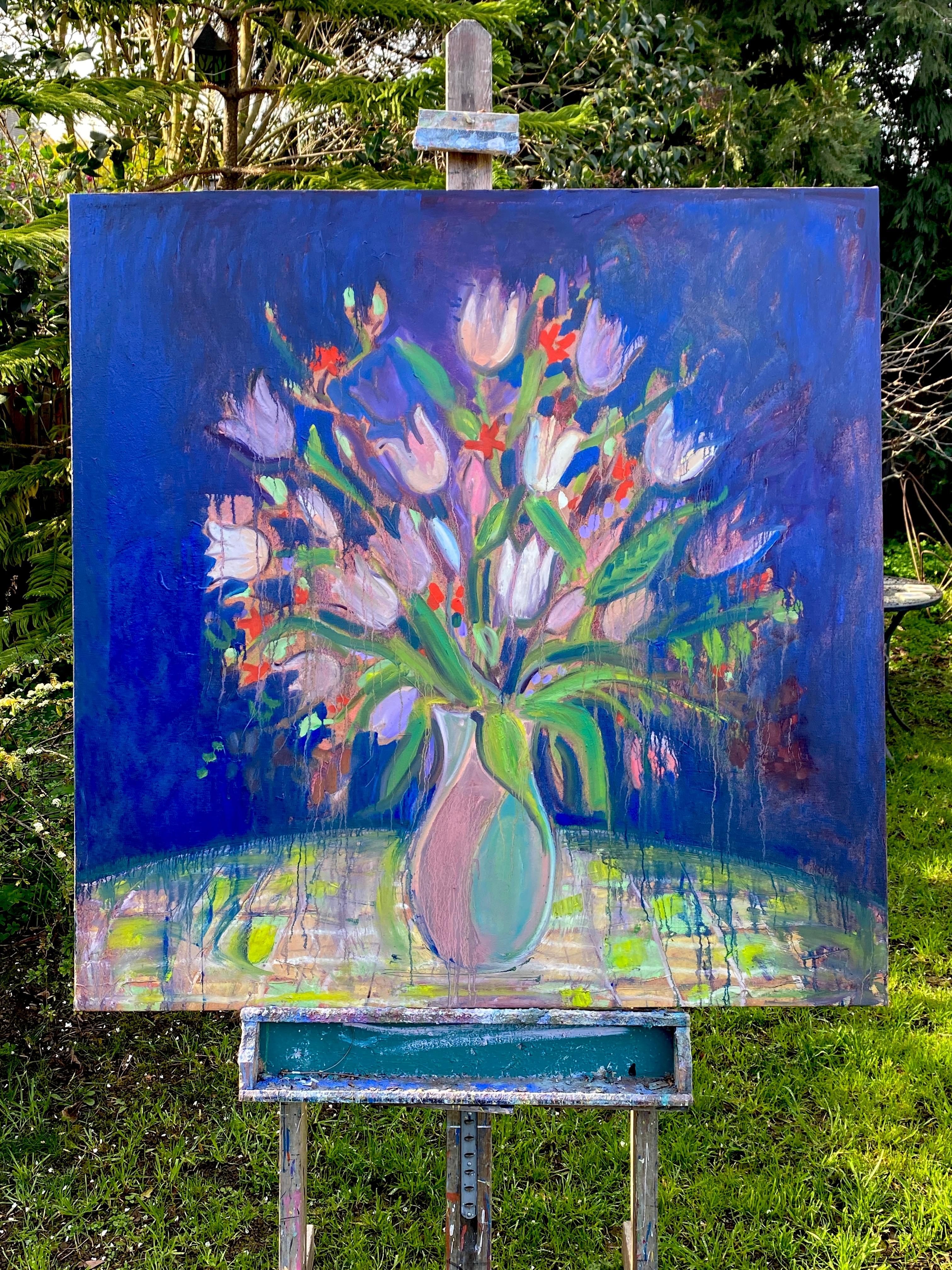 <p>Artist Comments<br>Artist James Hartman paints an expressionist still life of vibrant blooming tulips arranged in a teal and purple vase. James shows his love for street art influenced by a visit to a show of Basquiat and Keith Haring at the